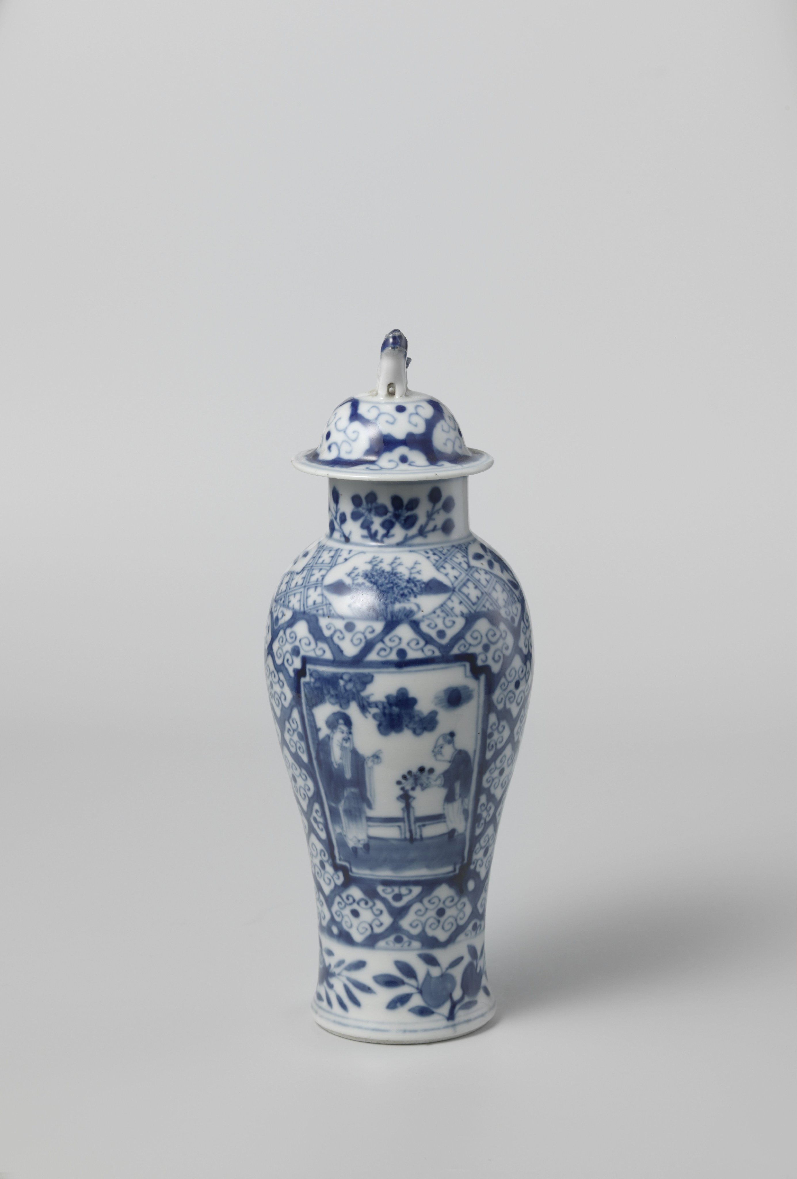 Baluster covered jar with figures in panels