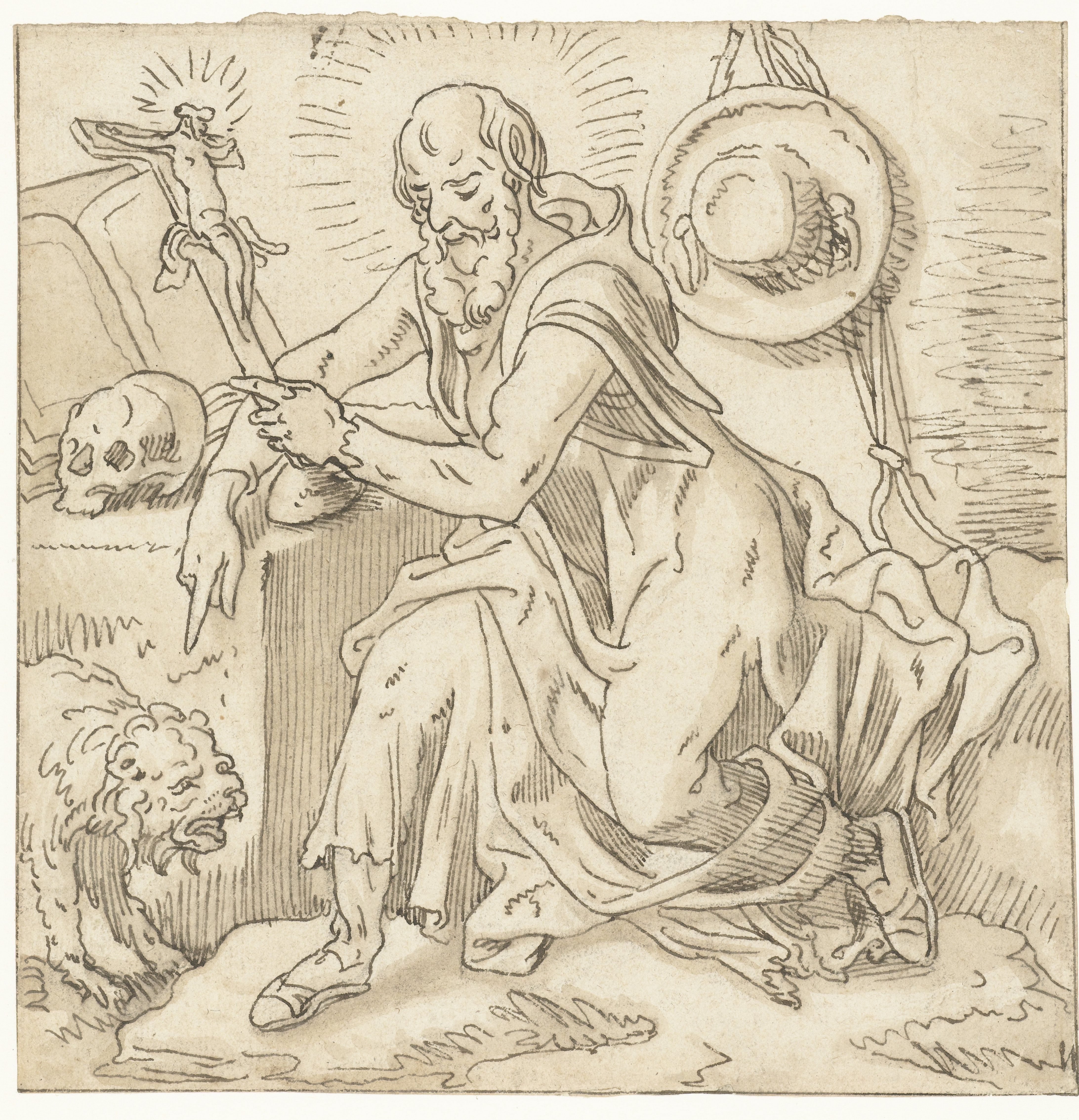 Heilige Hieronymus gezeten bij een crucifix, boek en schedel