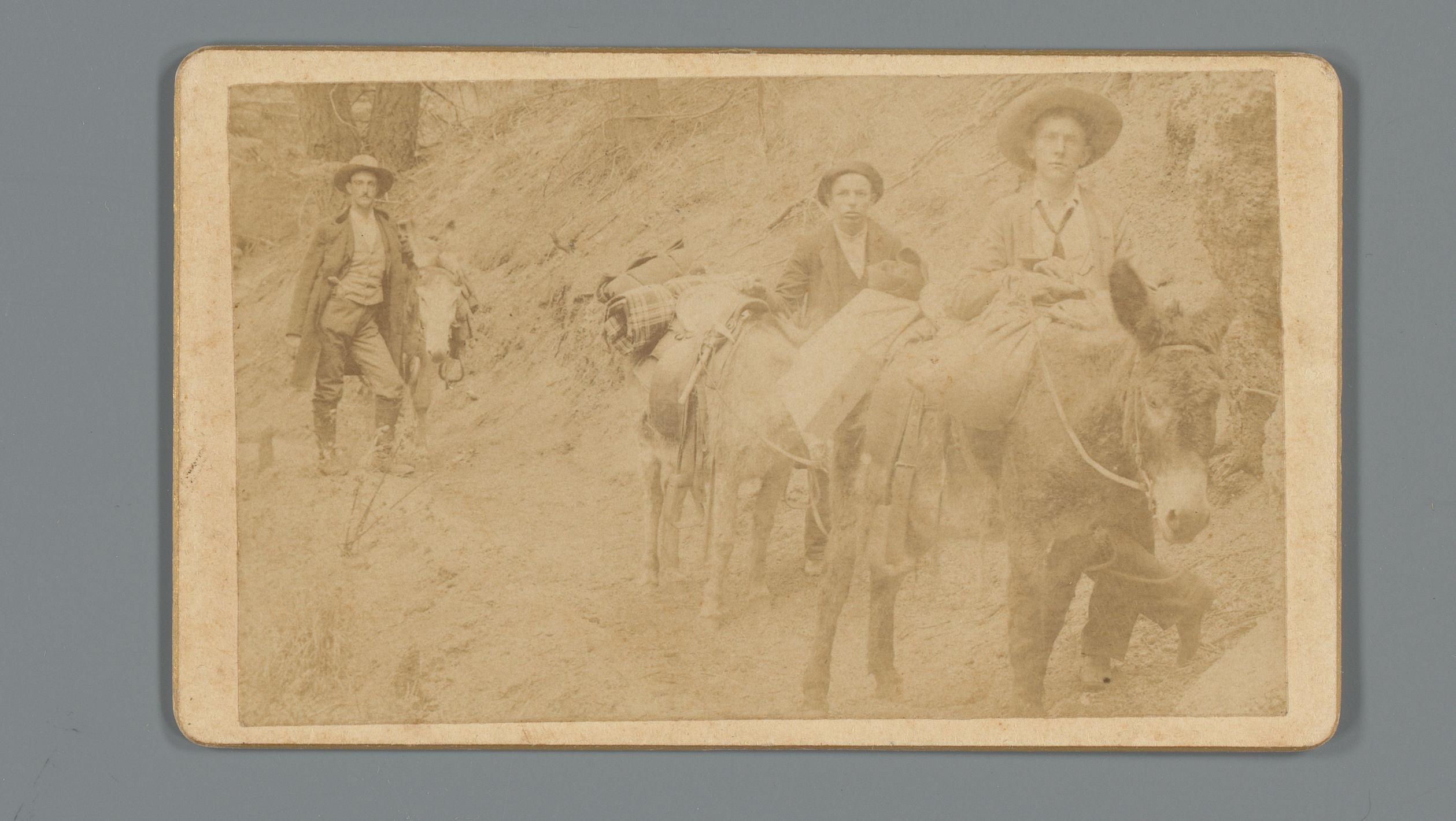 Drie mannen met ezels op een bergpad in Manitou Springs, Colorado, als reclame voor verhuurbedrijf 'The Burro Brigade' van Hutchinson & Larson