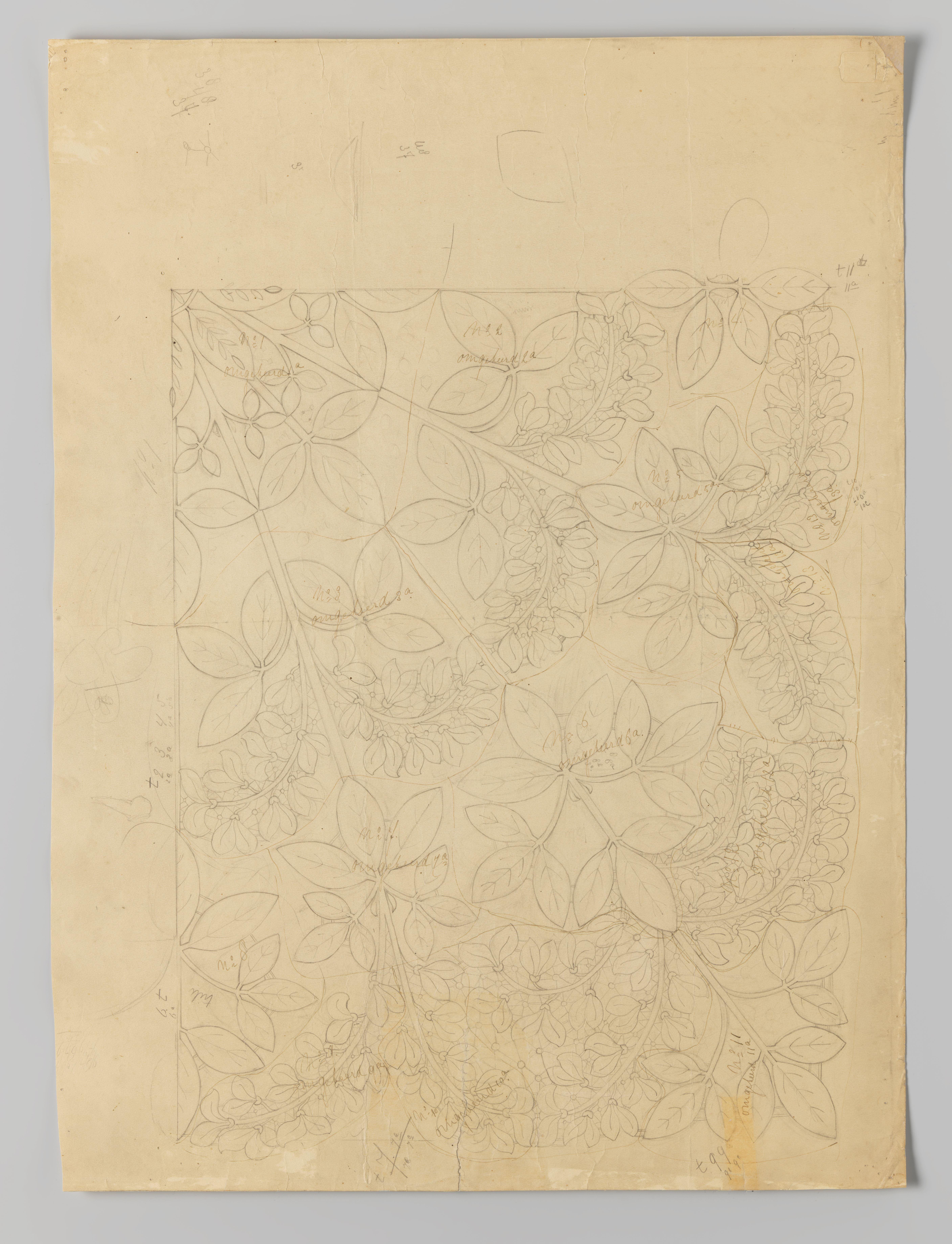 Ontwerptekening op tekenpapier voor een kleed van kloskant met goudenregentakken en -bloemen