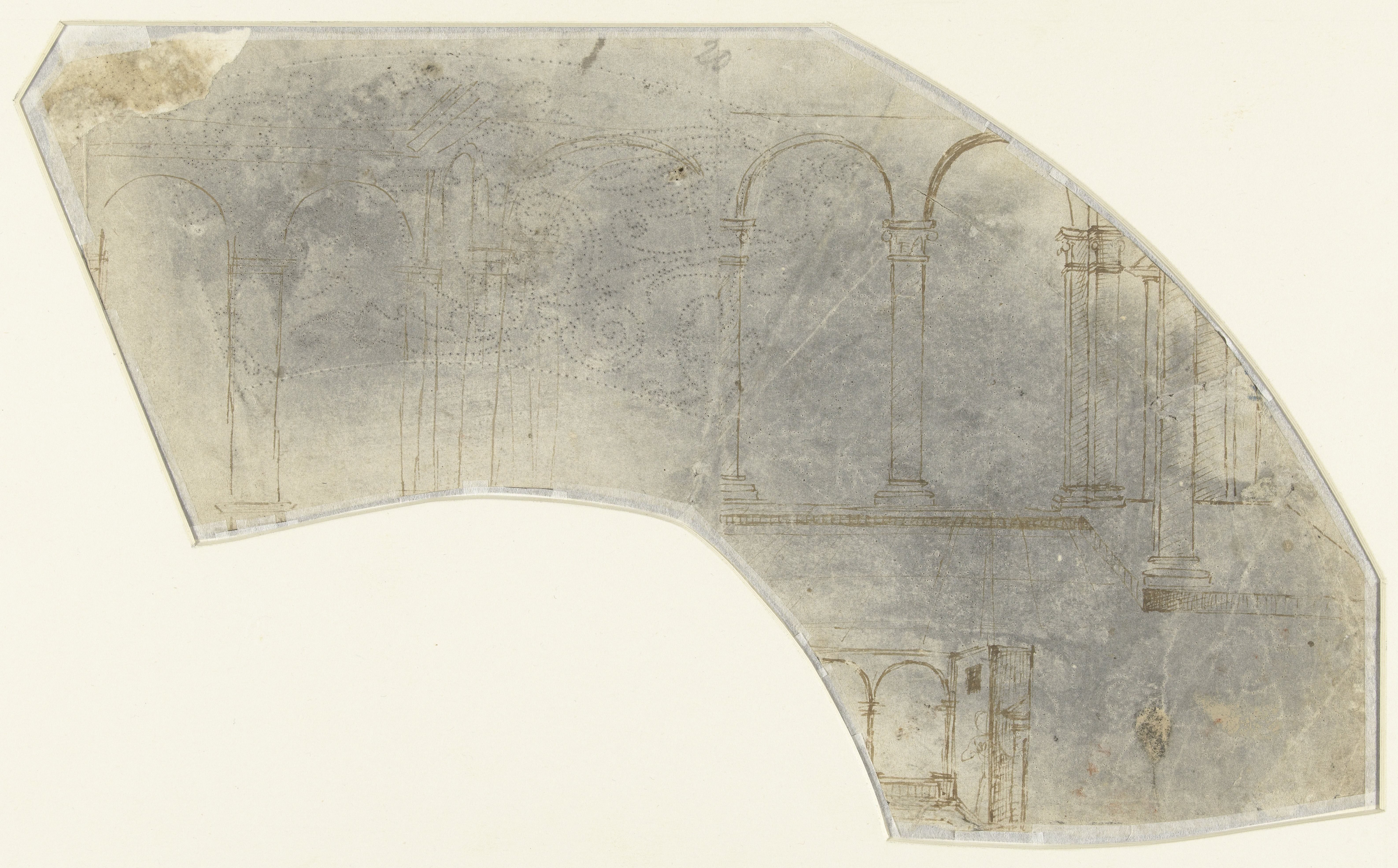 Fragment van een schetsblad met ontwerpen van interieurs en architectuurstudie