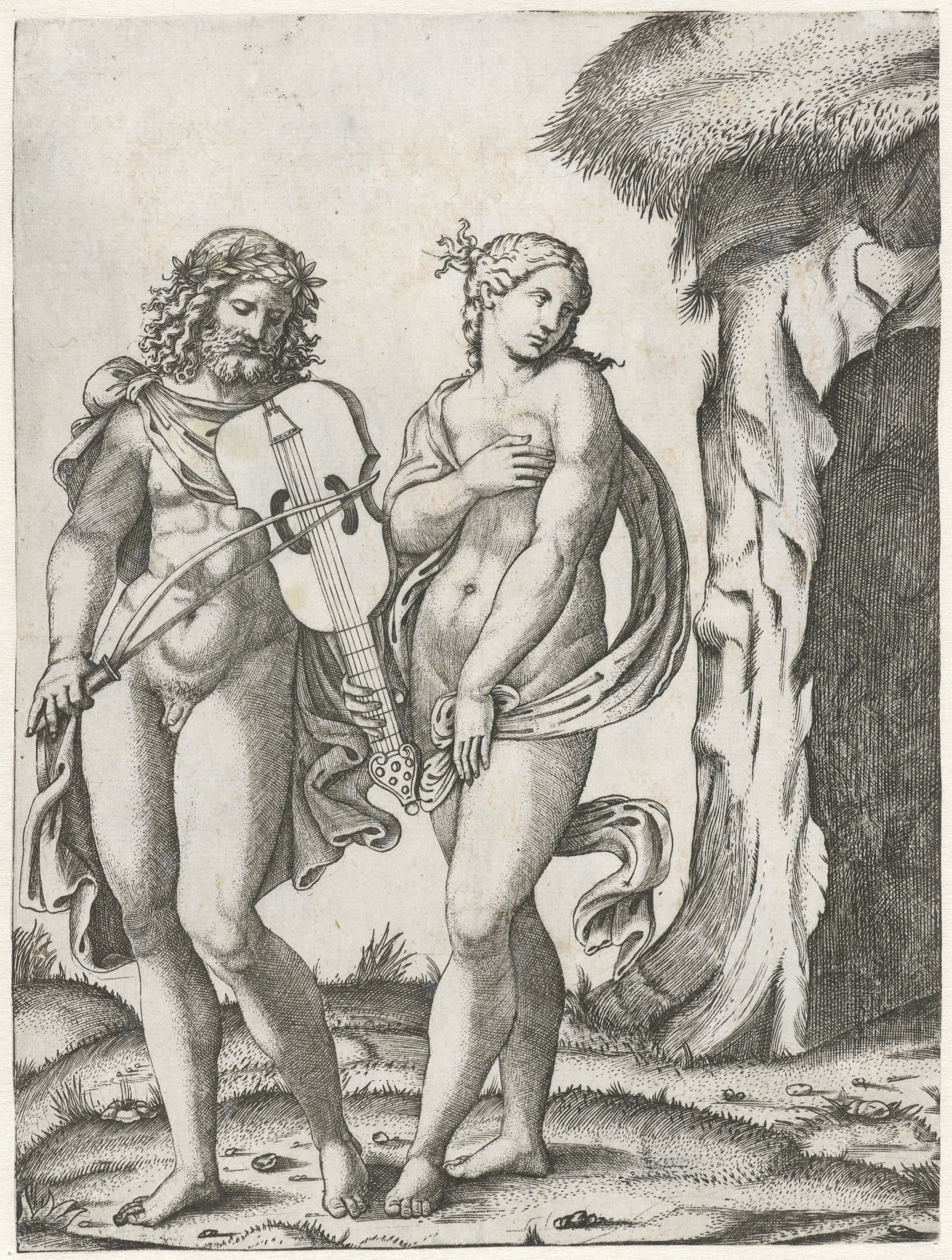 Orpheus speelt op viola voordat Eurydice naar onderwereld gaat