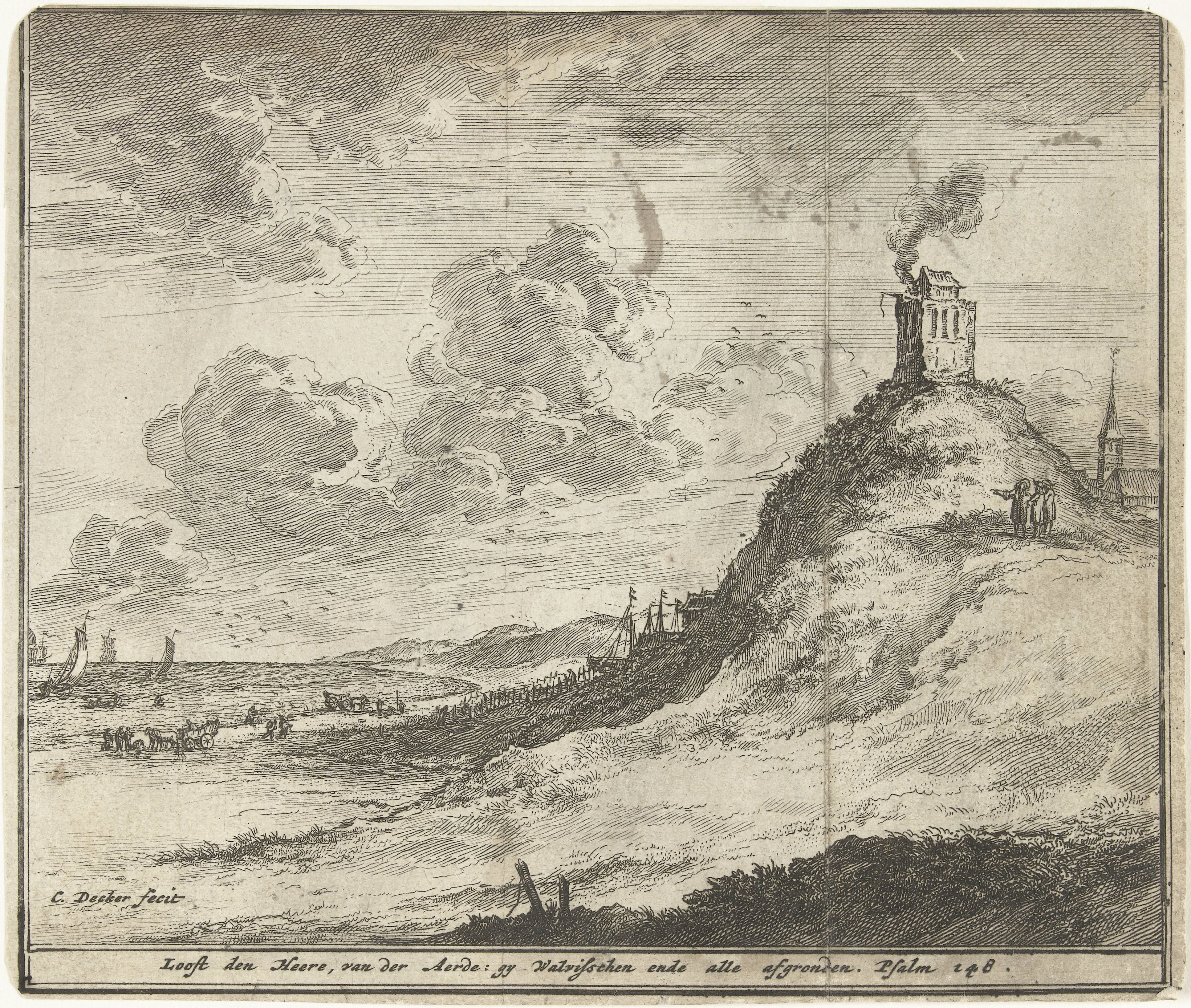 Gezicht op duinen met vuurtoren en strand