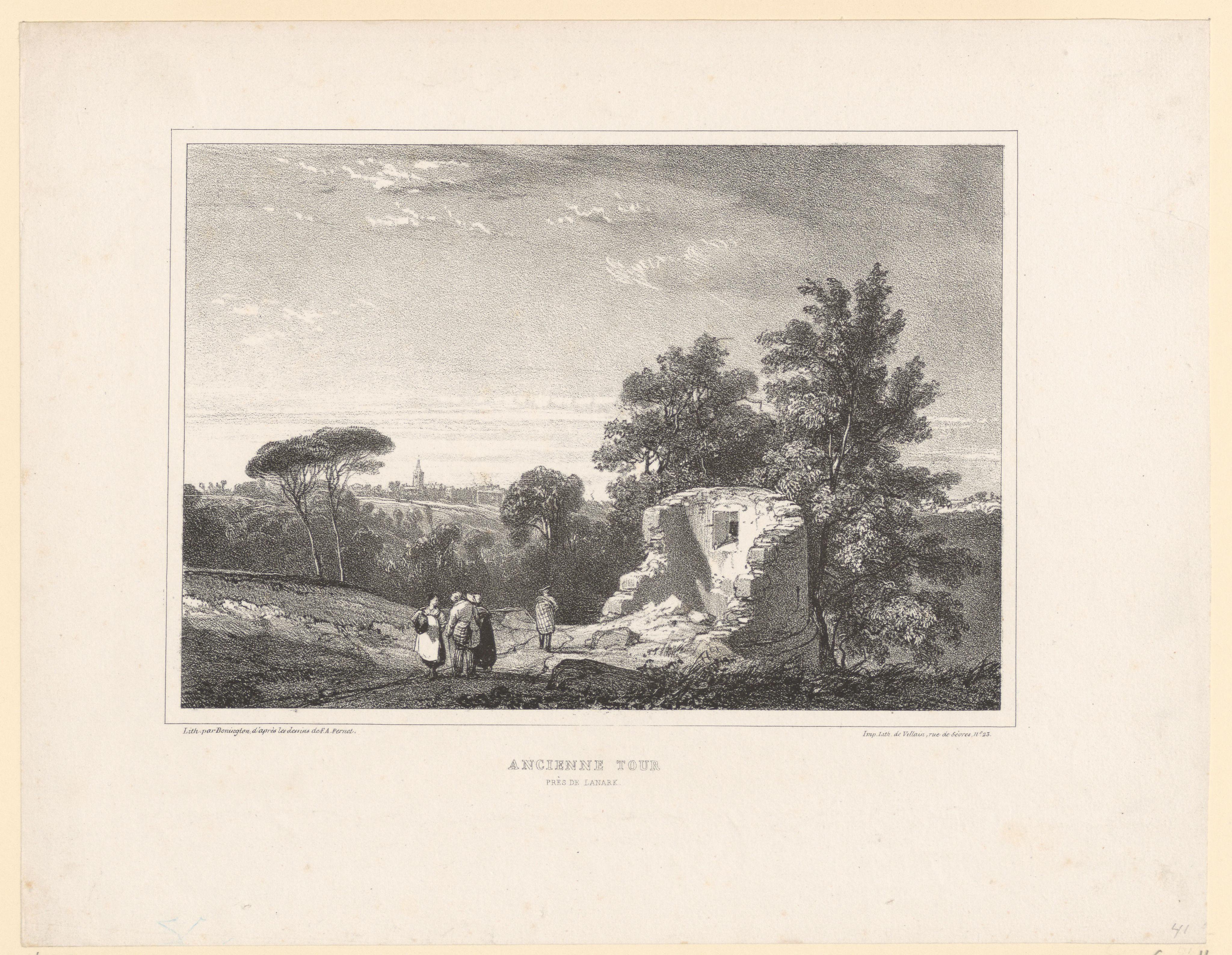 Gezicht op de ruïne van een toren bij Lanark