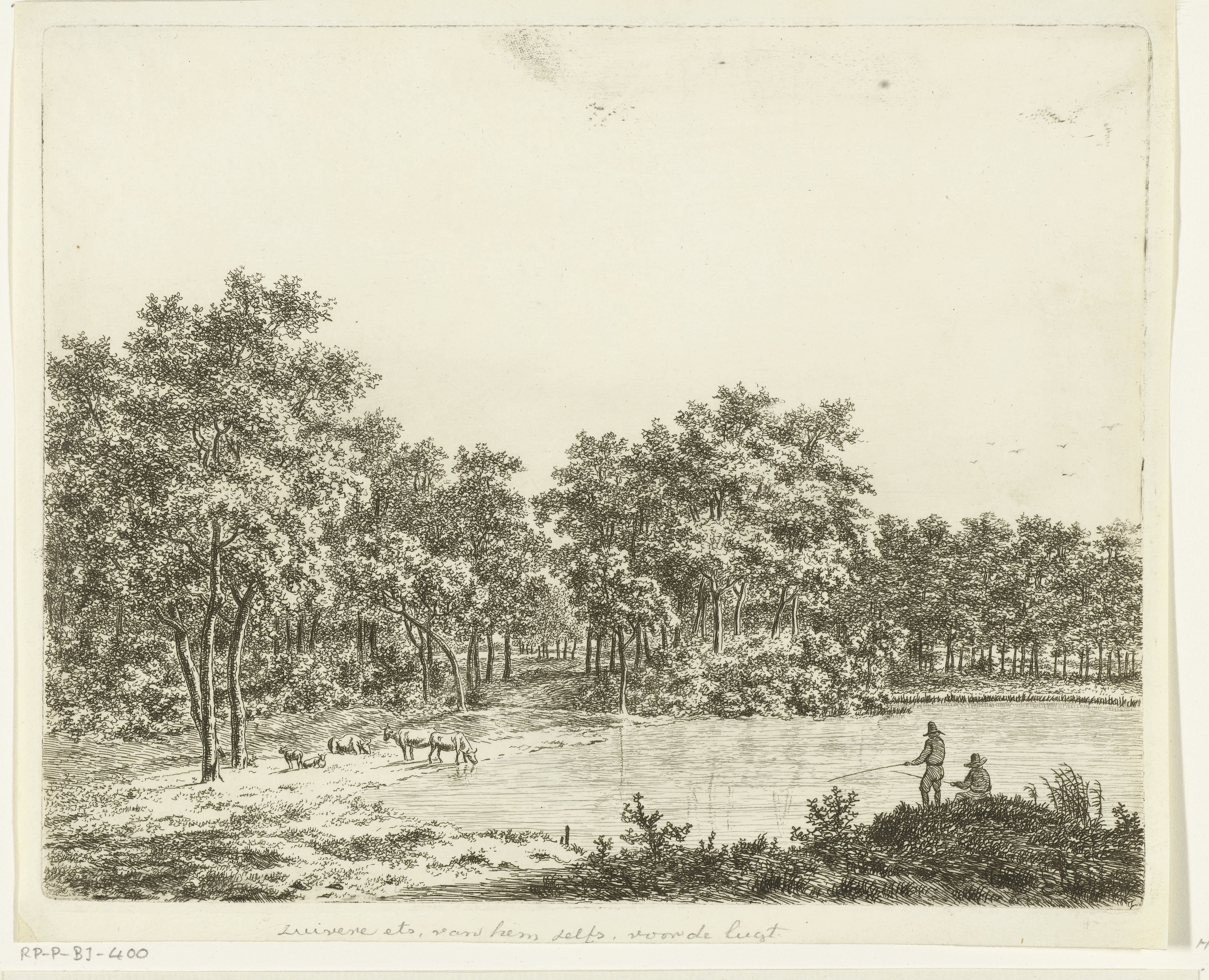 Landschap met vijver en twee hengelende vissers