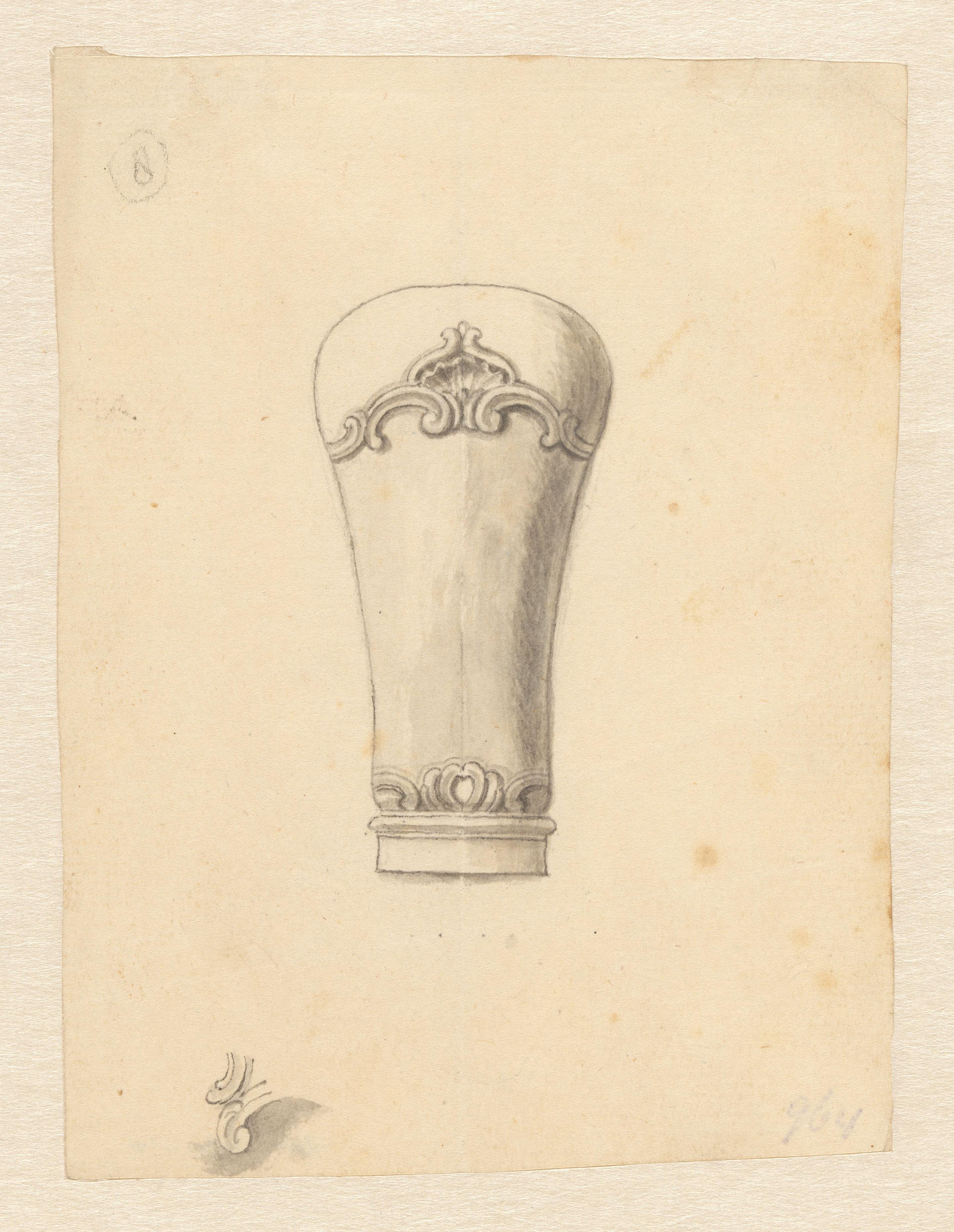 Ontwerp voor een wandelstokknop met geschulpte randen, met linksonder een detail van randen