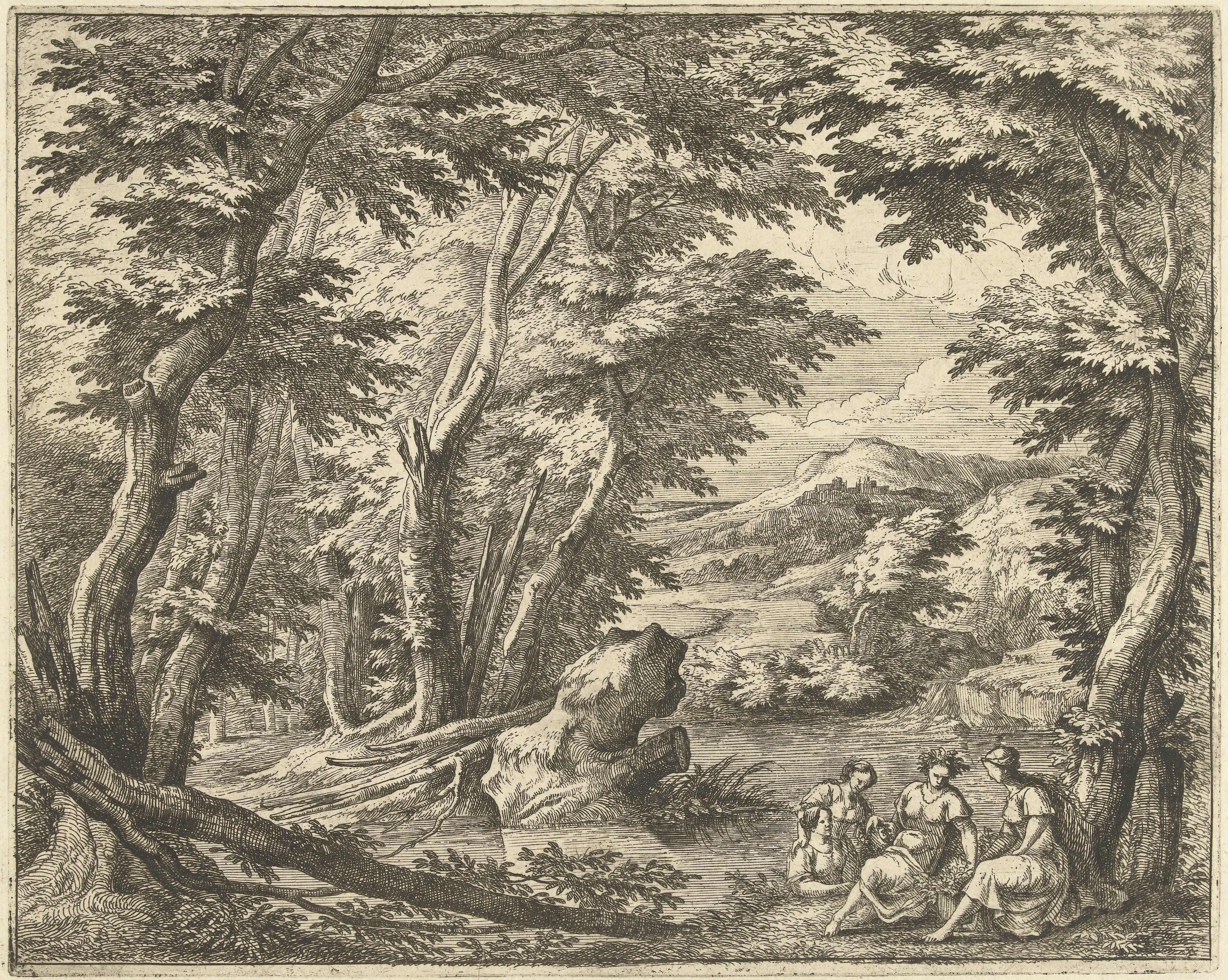 Landschap met vier jonge vrouwen aan de oever van een rivier