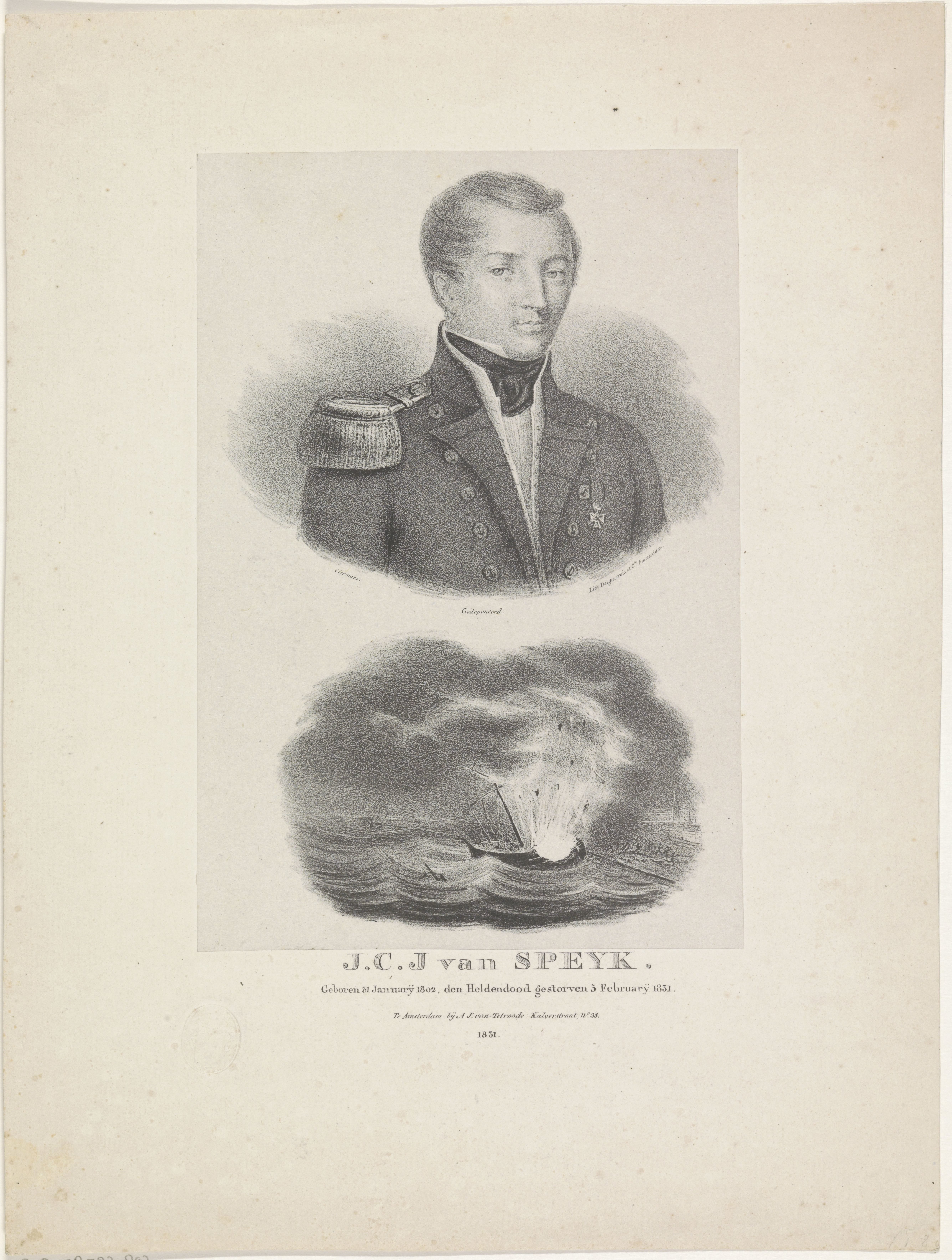 Portret van Jan van Speyk en de ontploffing van zijn schip