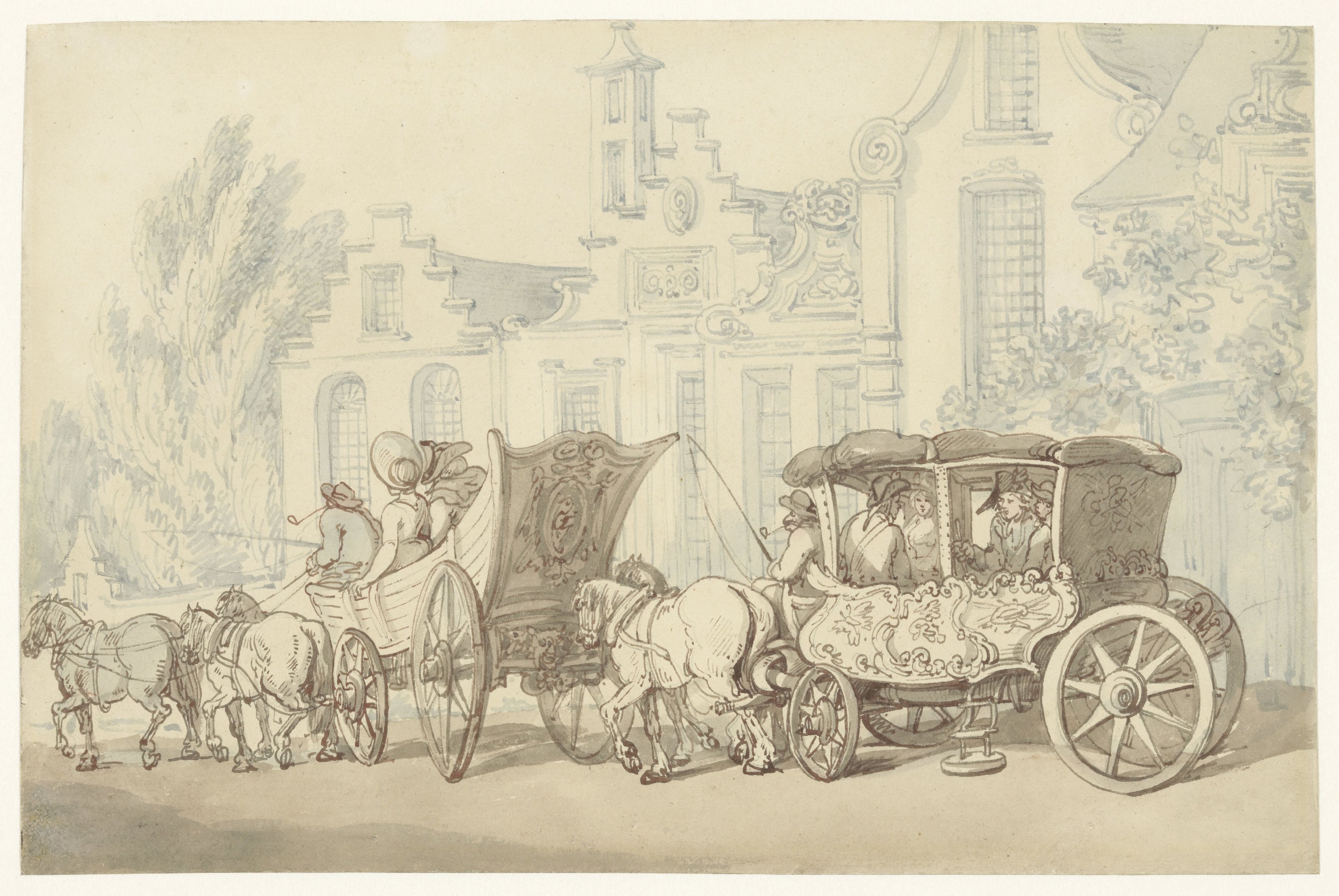 Open reiswagen en koets in een quasi-Hollandse straat