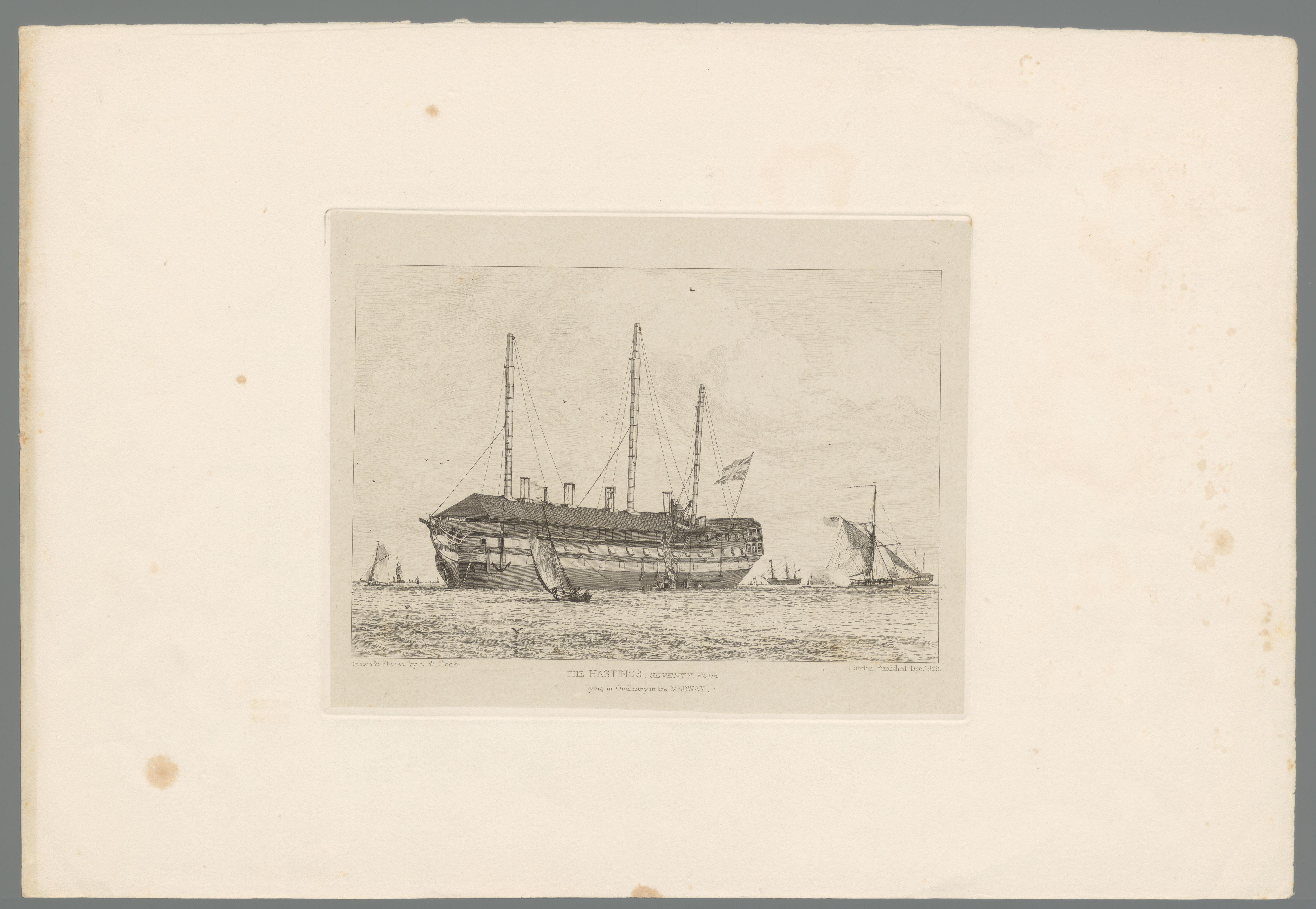 Groot schip met drie masten ligt in de Medway