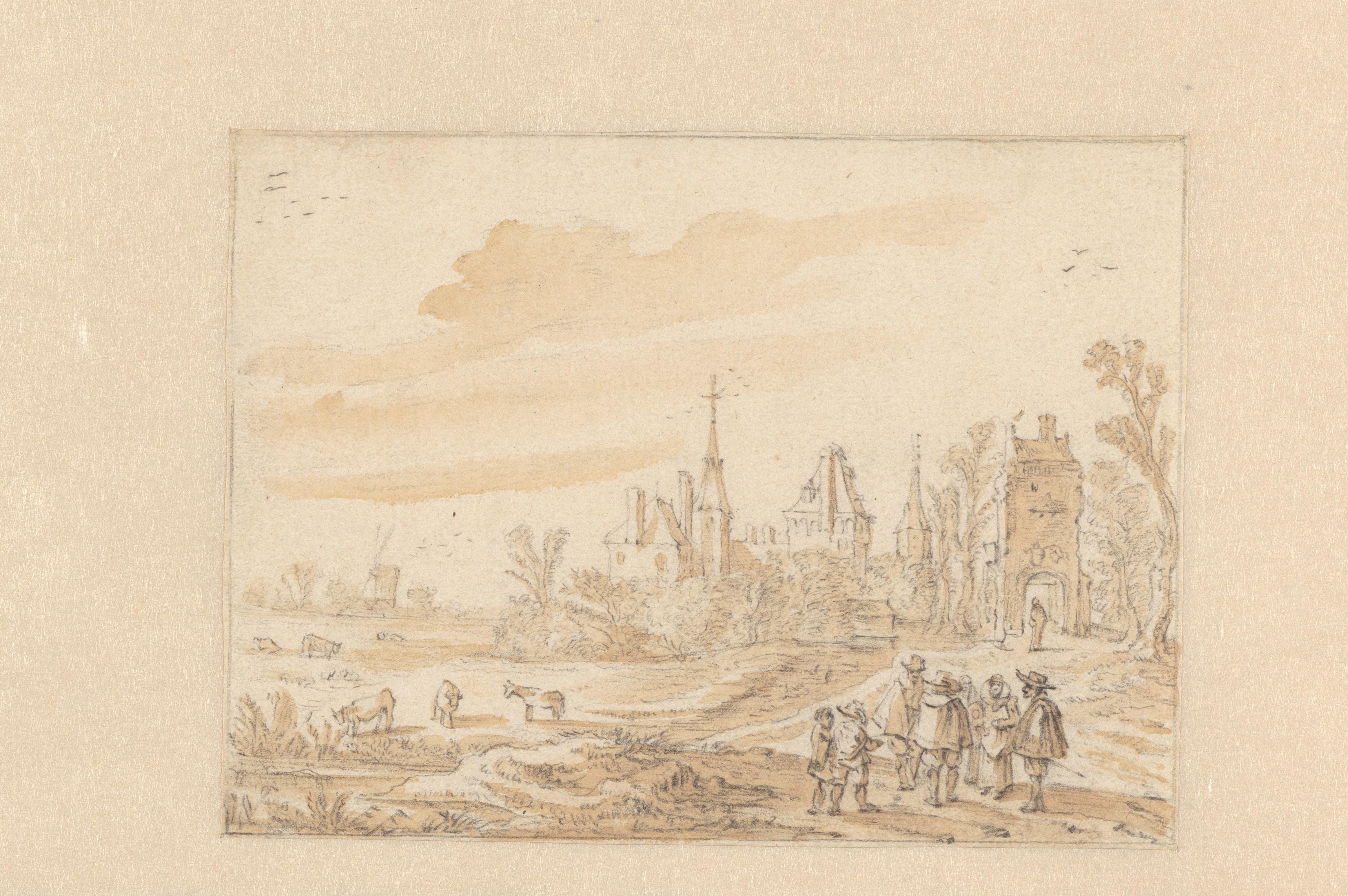 Landschap met een groep personen en een kasteel