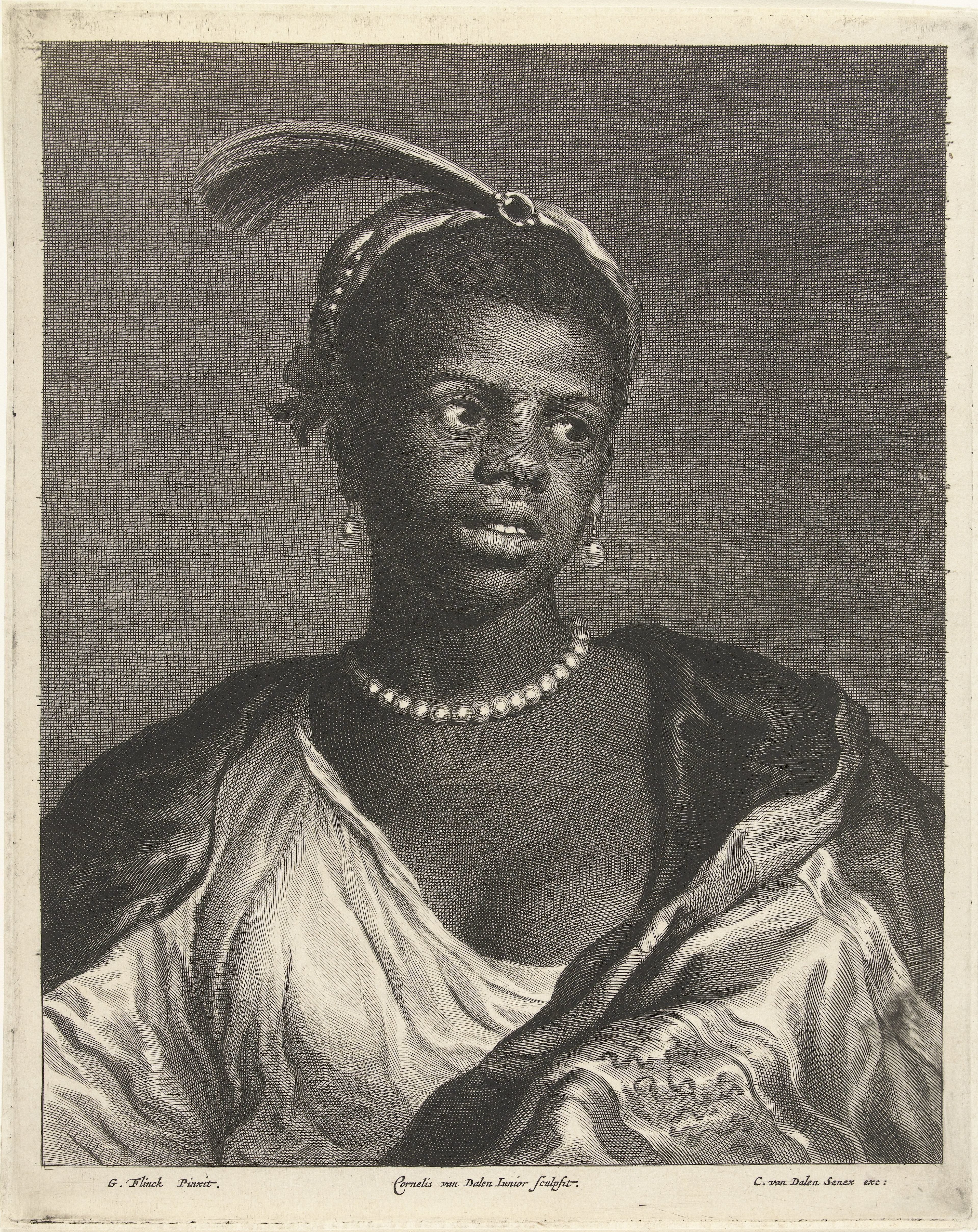 Portret van zwarte vrouw met parelketting