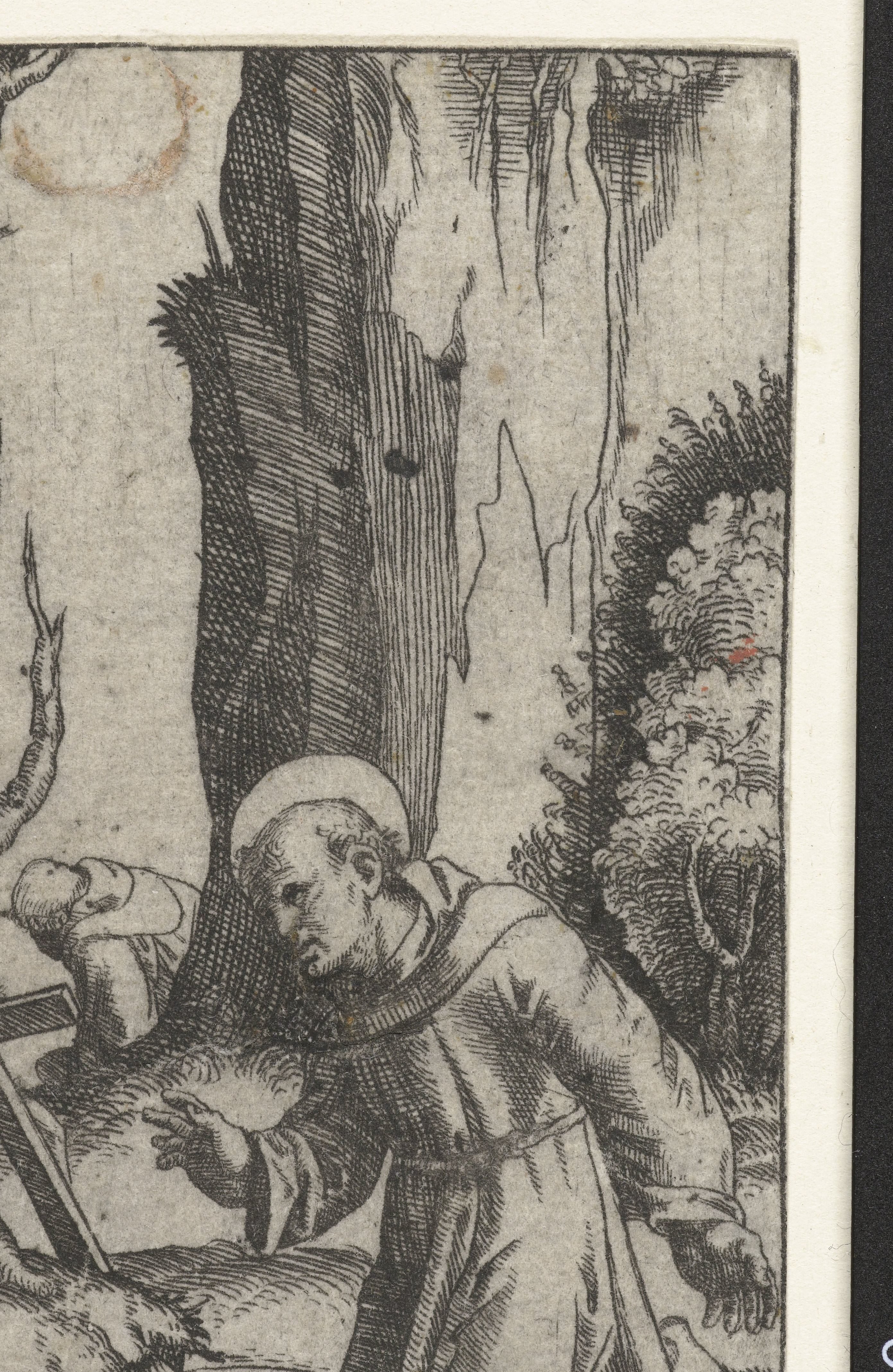 Heilige Franciscus van Assisi knielend voor crucifix