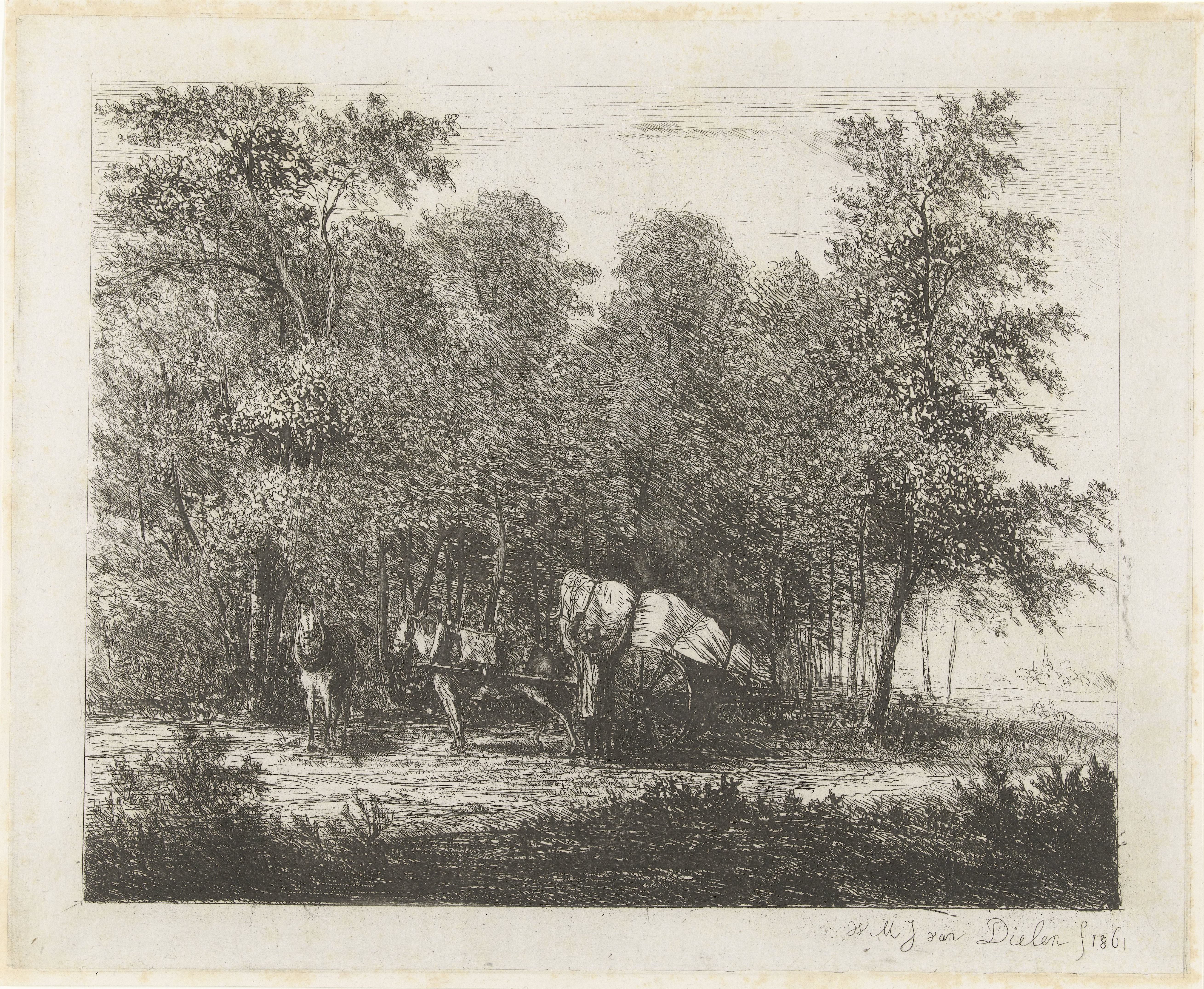 Landschap met man bij volgeladen kar en ingespannen paard