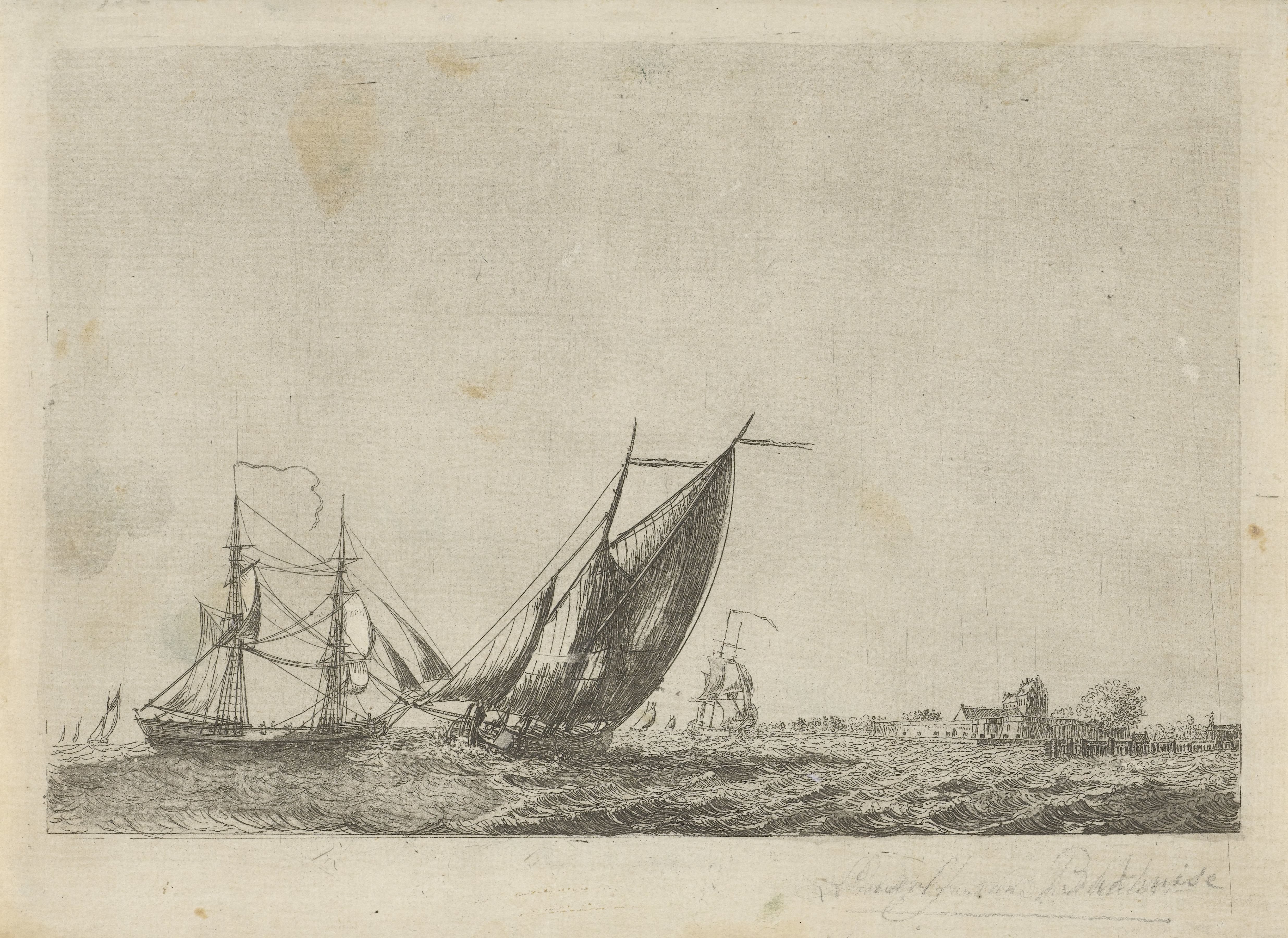 Schepen op zee bij een vesting