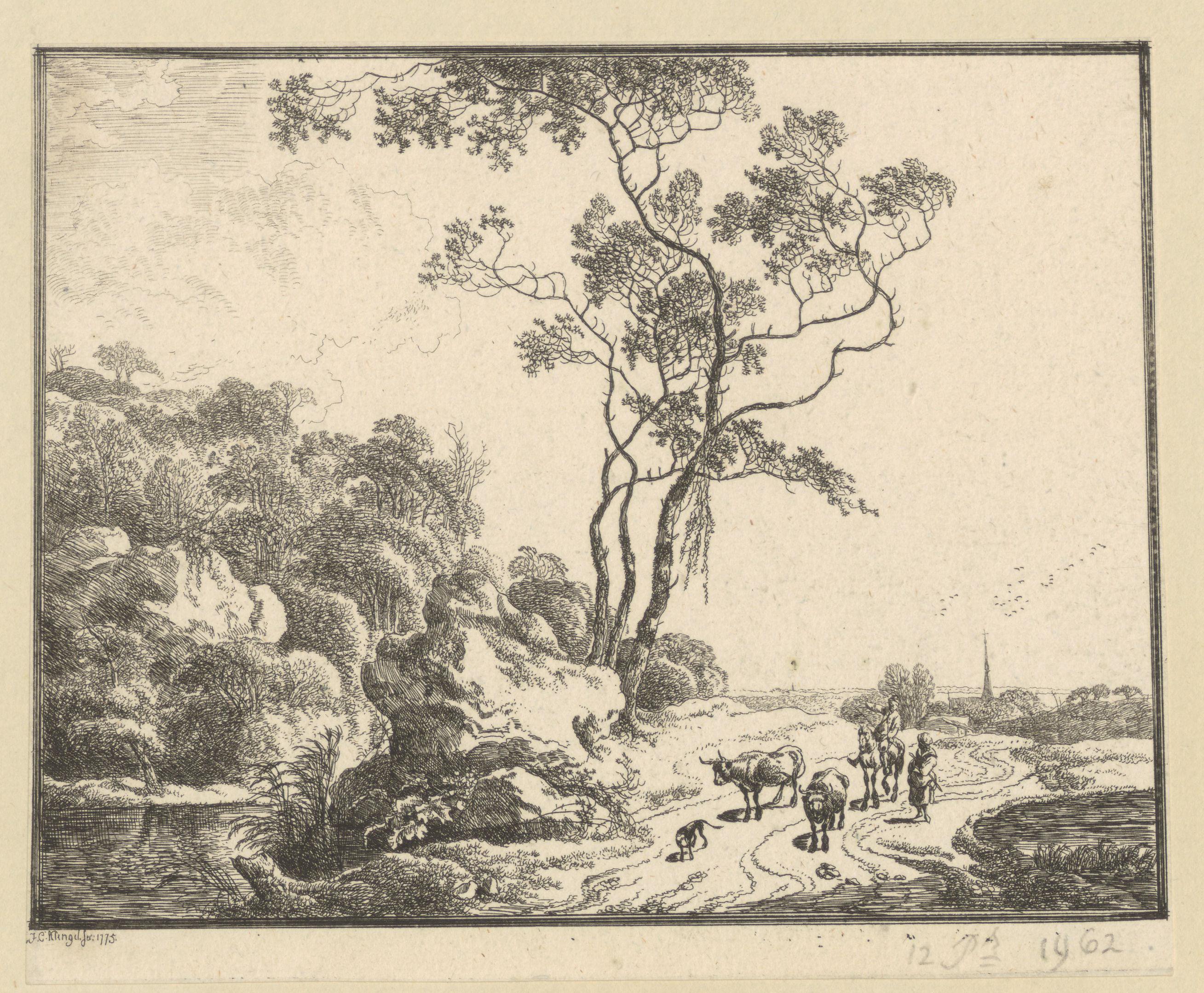 Landschap met ruiter en herder met twee runderen bij een boom met klimplanten aan het water
