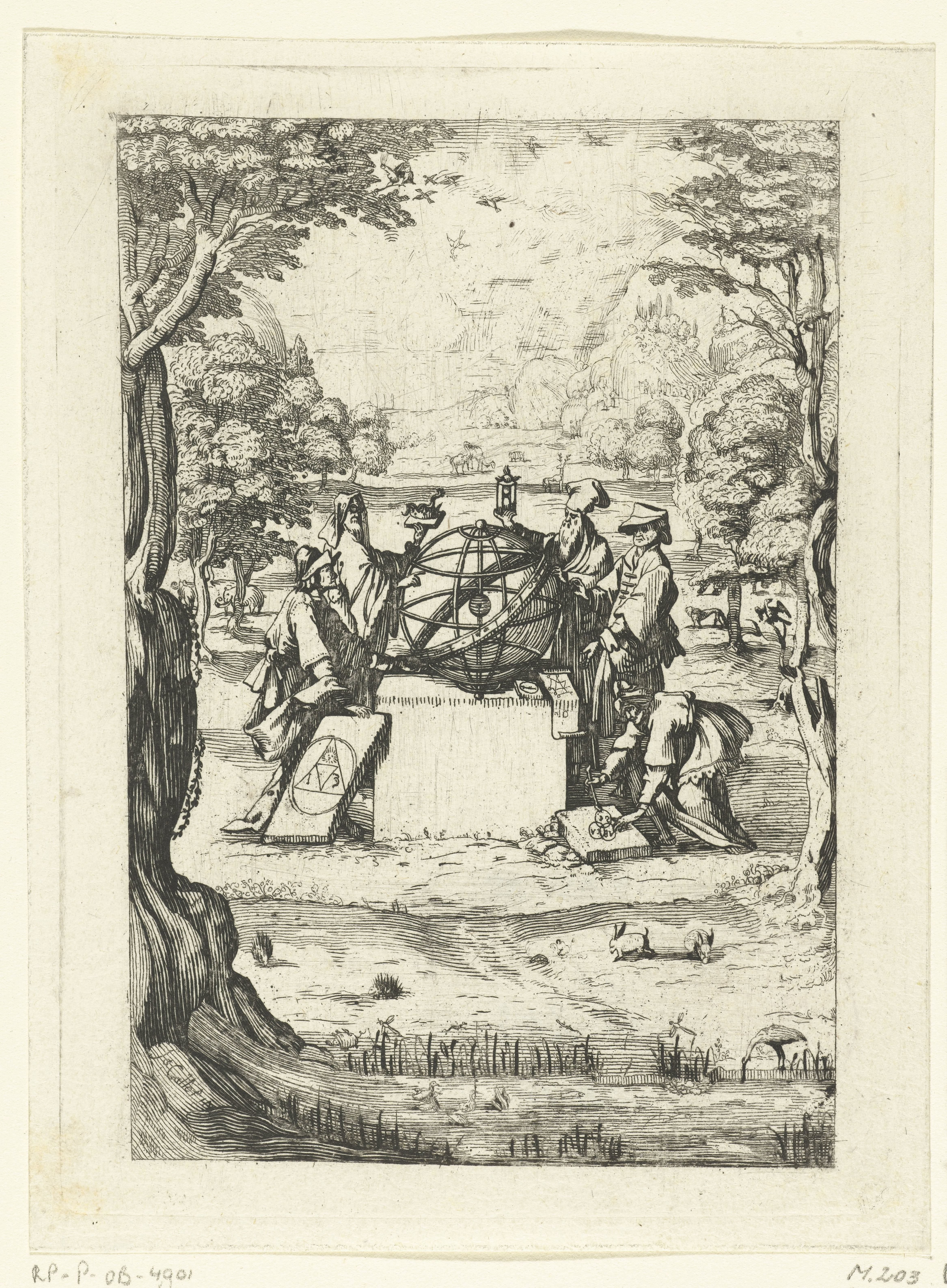 Titelpagina met wijzen om een hemelglobe