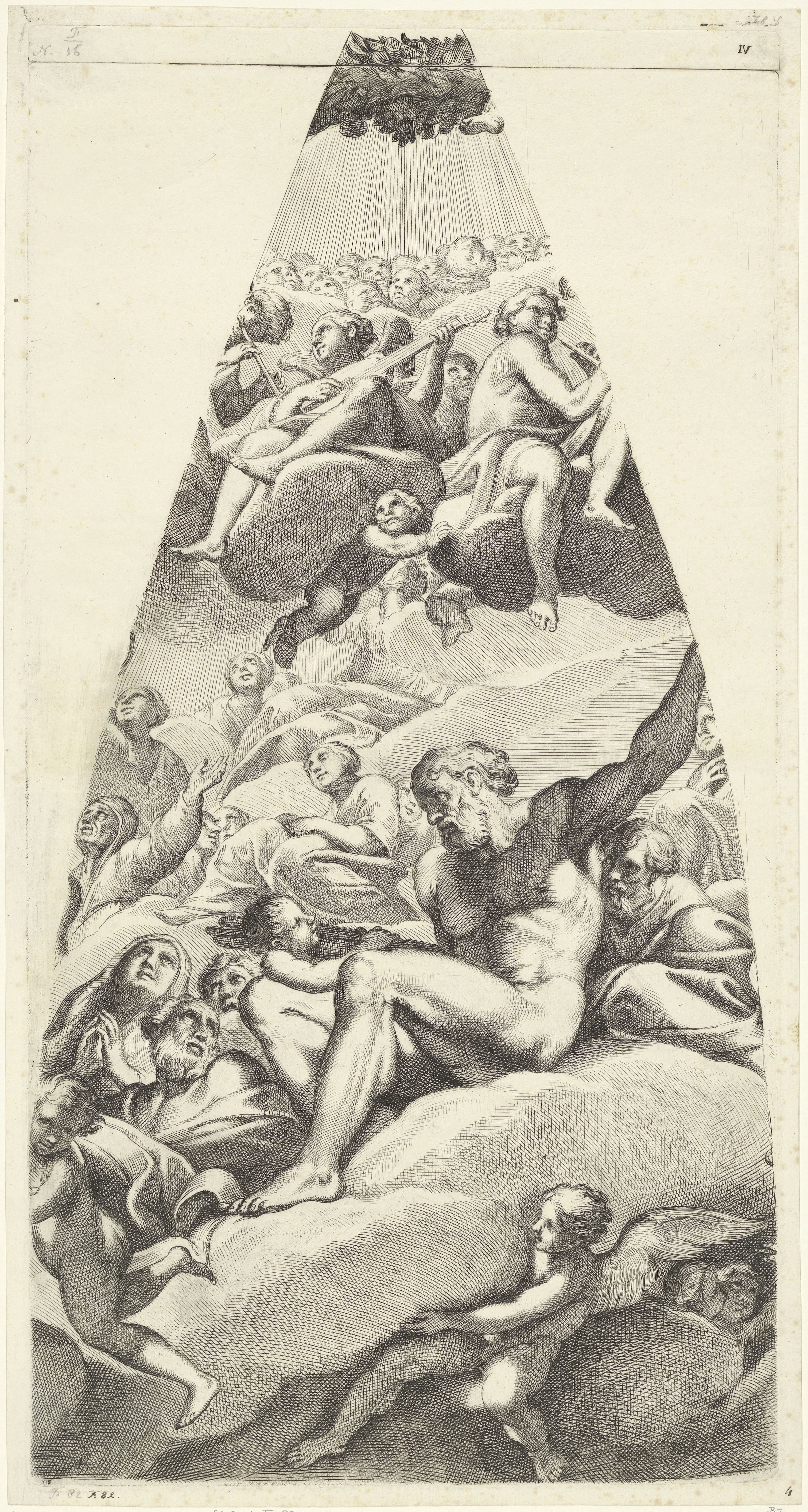 Abraham en Isaak met heiligen gezeten op een wolk