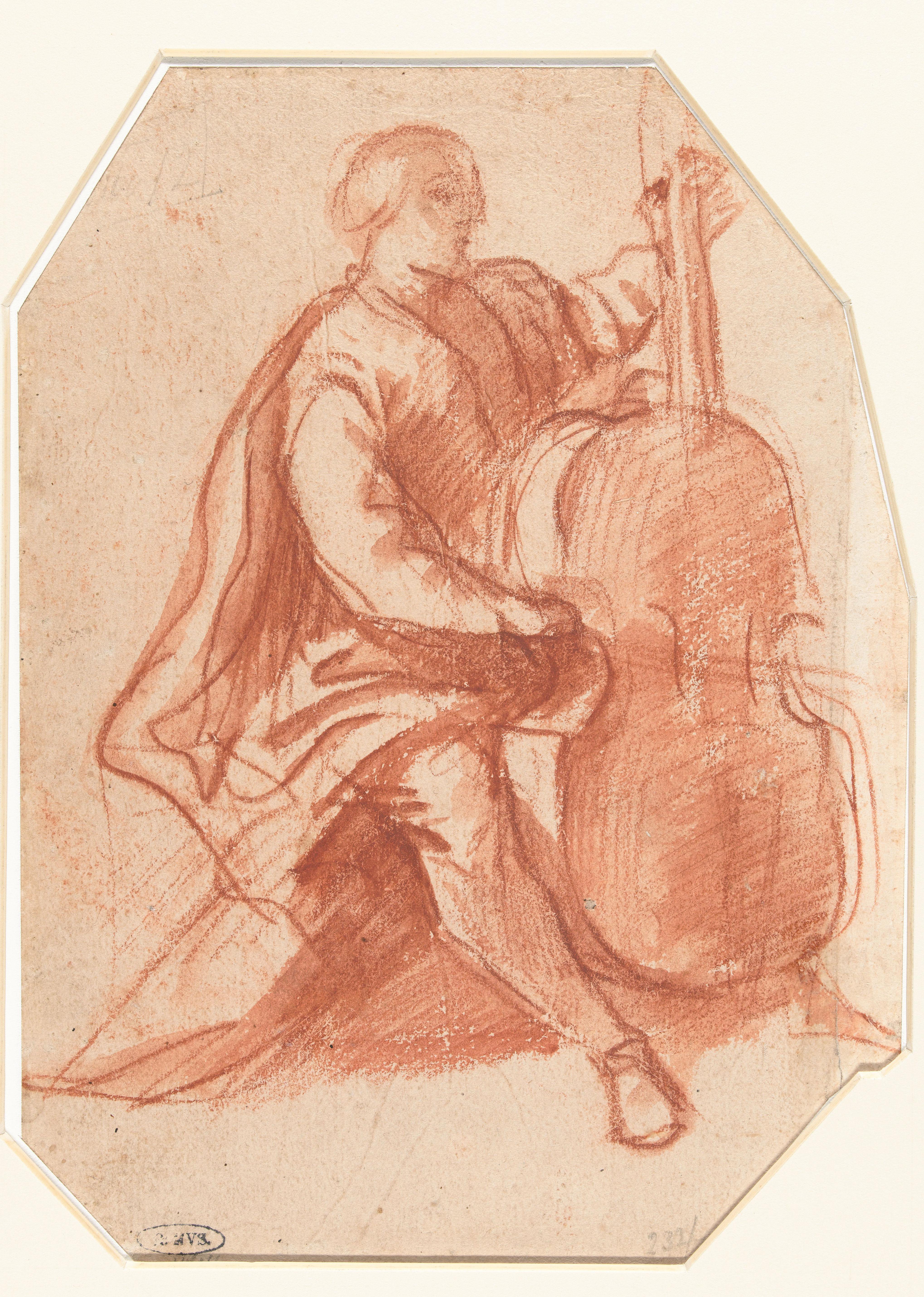 Viola da gambaspeler, driekwart van opzij