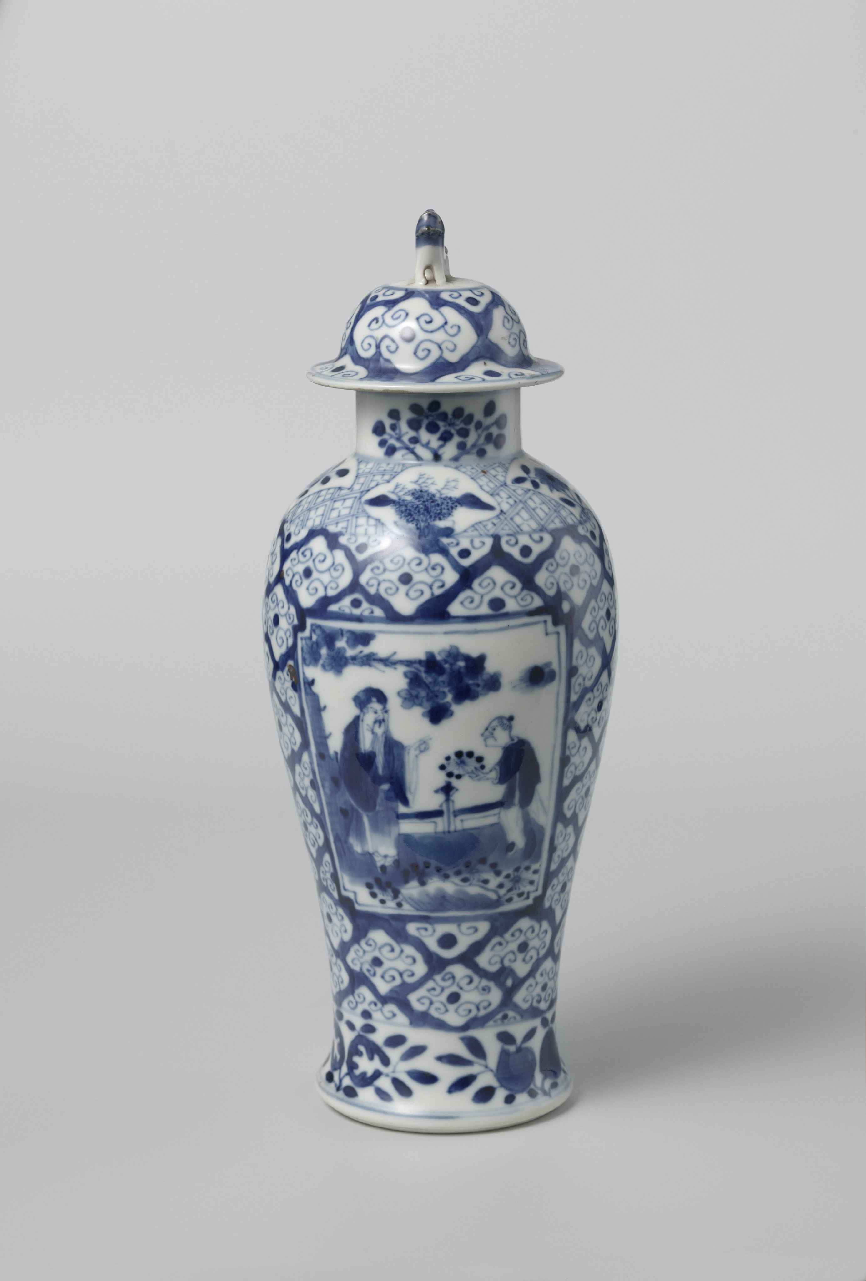 Baluster covered jar with figures in panels