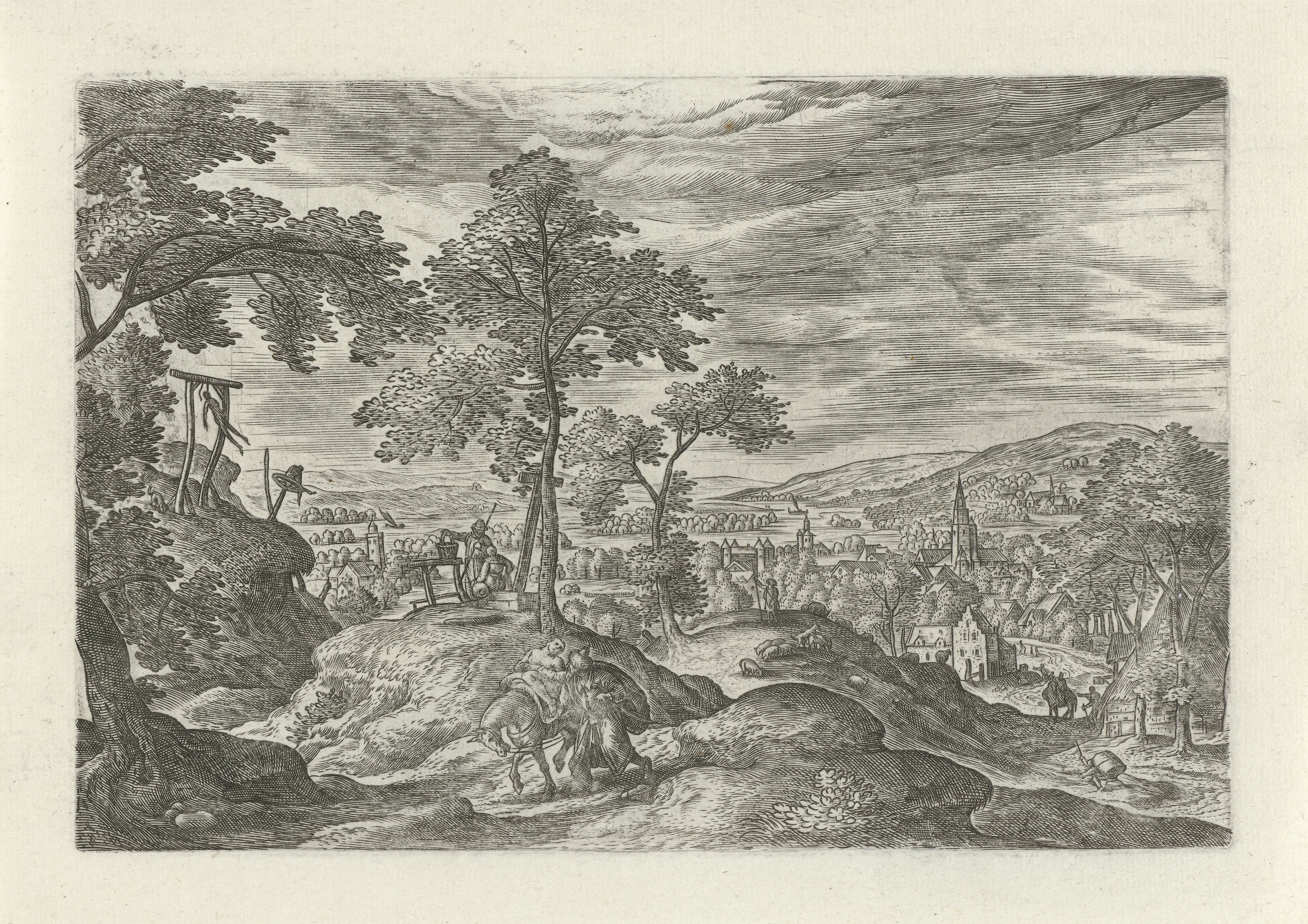 Landschap met de barmhartige Samaritaan met op zijn paard de gewonde reiziger