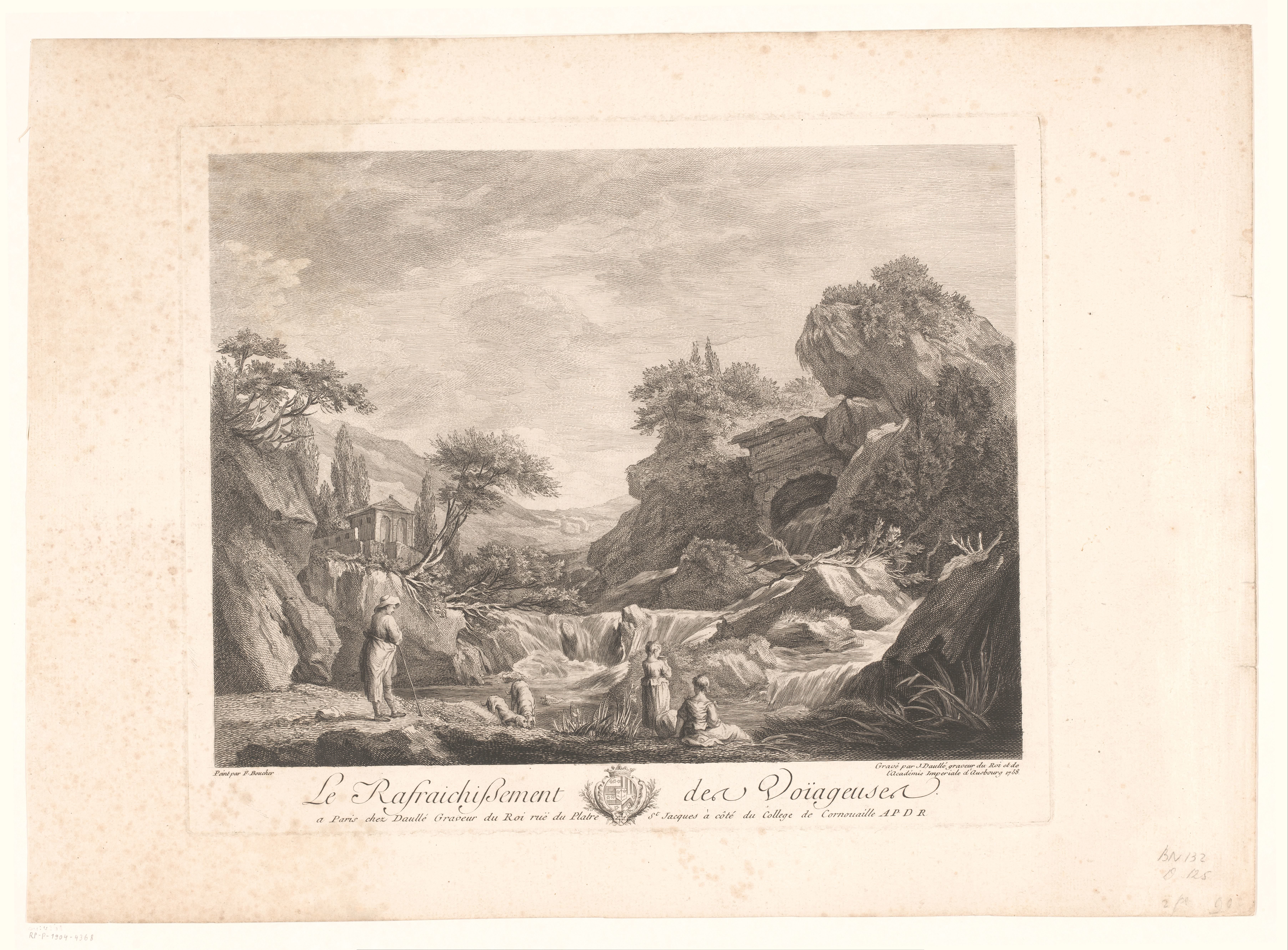 Landschap met rustende reizigers bij een waterval