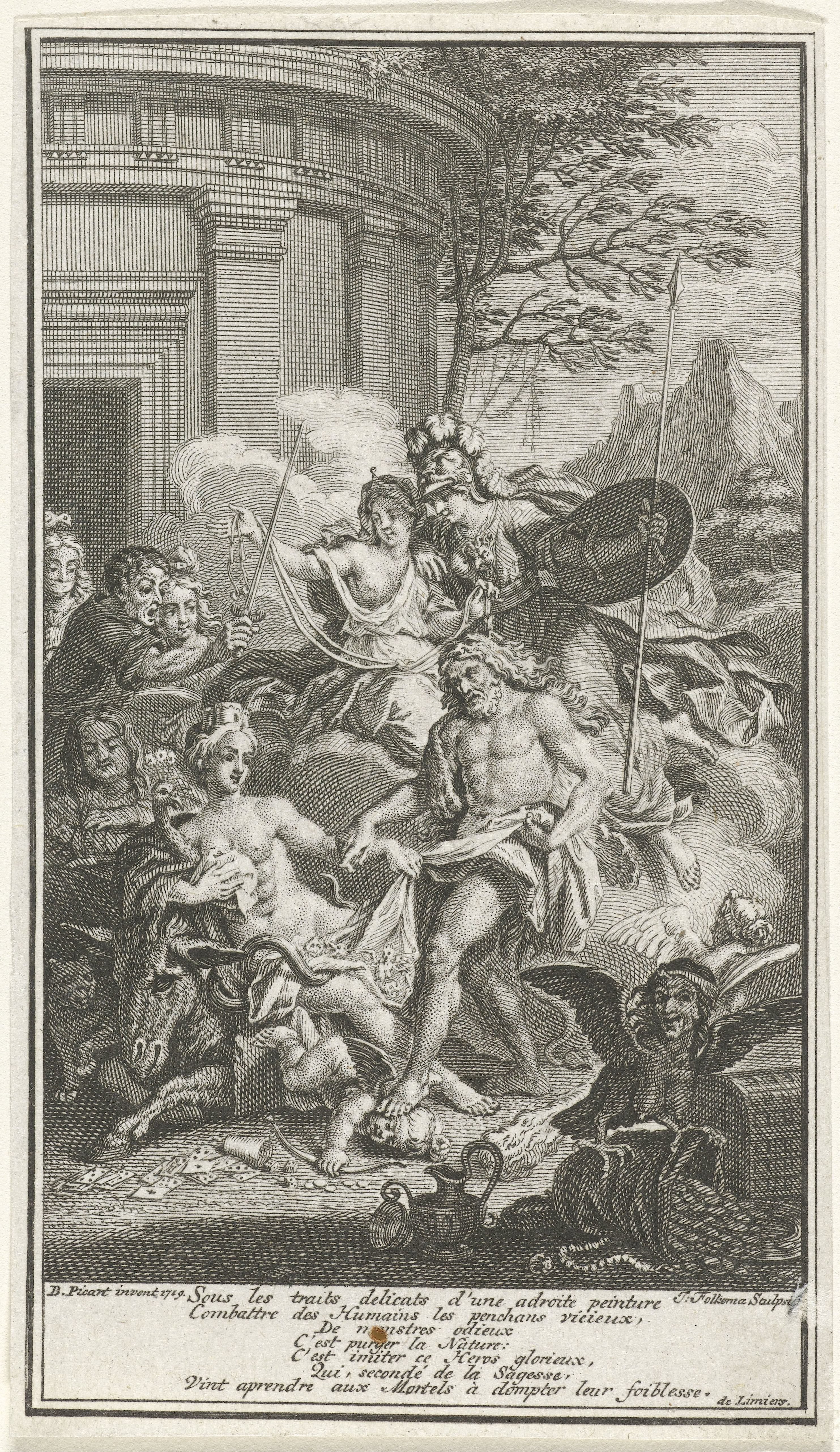 Allegorische voorstelling met Hercules die Amor vertrapt