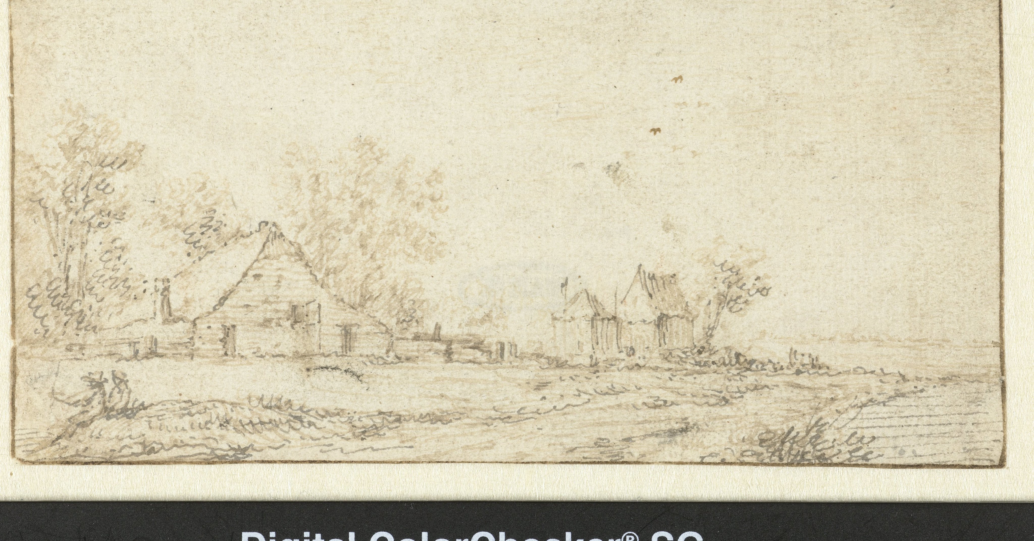 Landschap met hutjes aan een weg