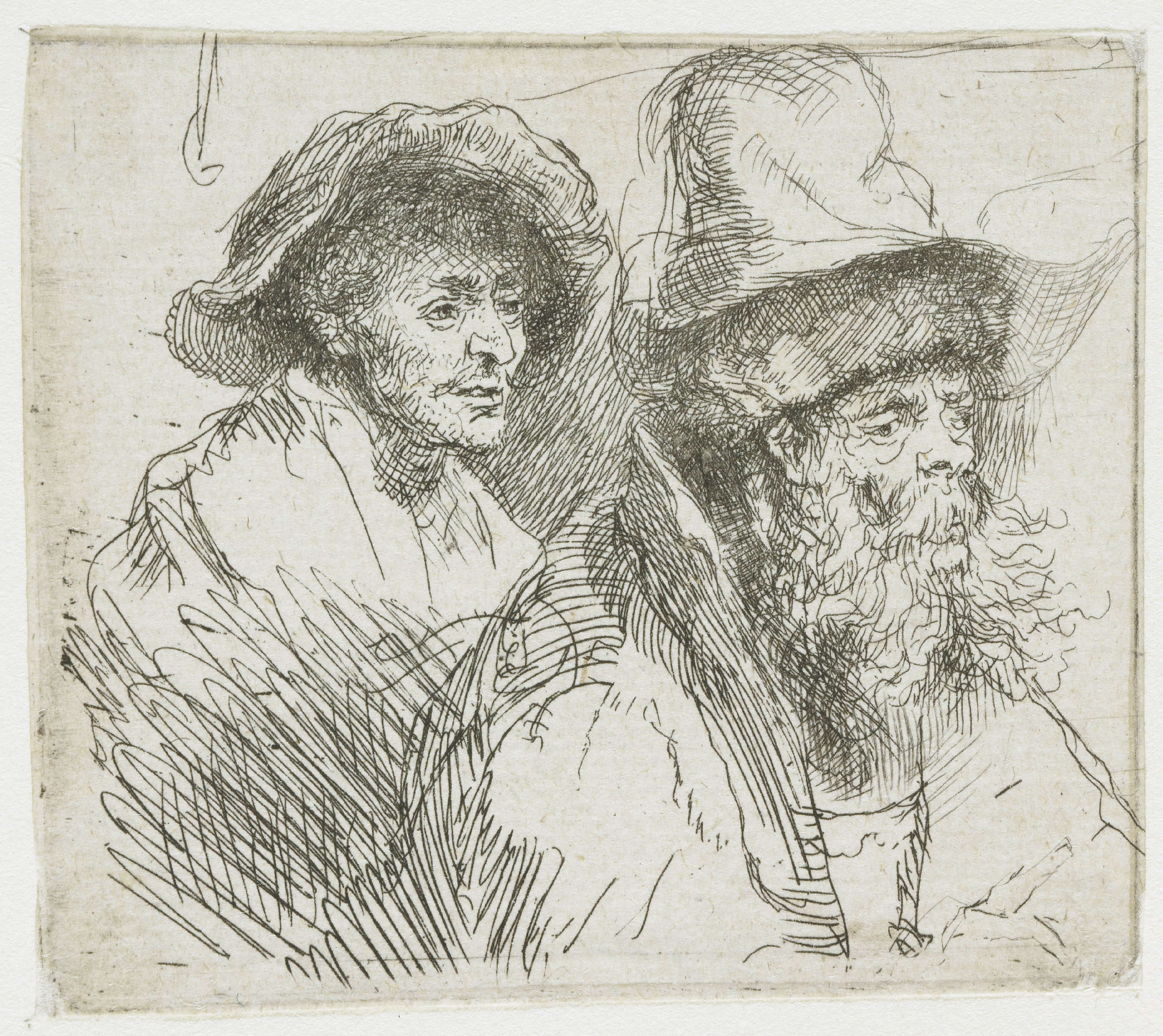 Sheet of studies, with a woman lying ill in bed: busts of two male figures