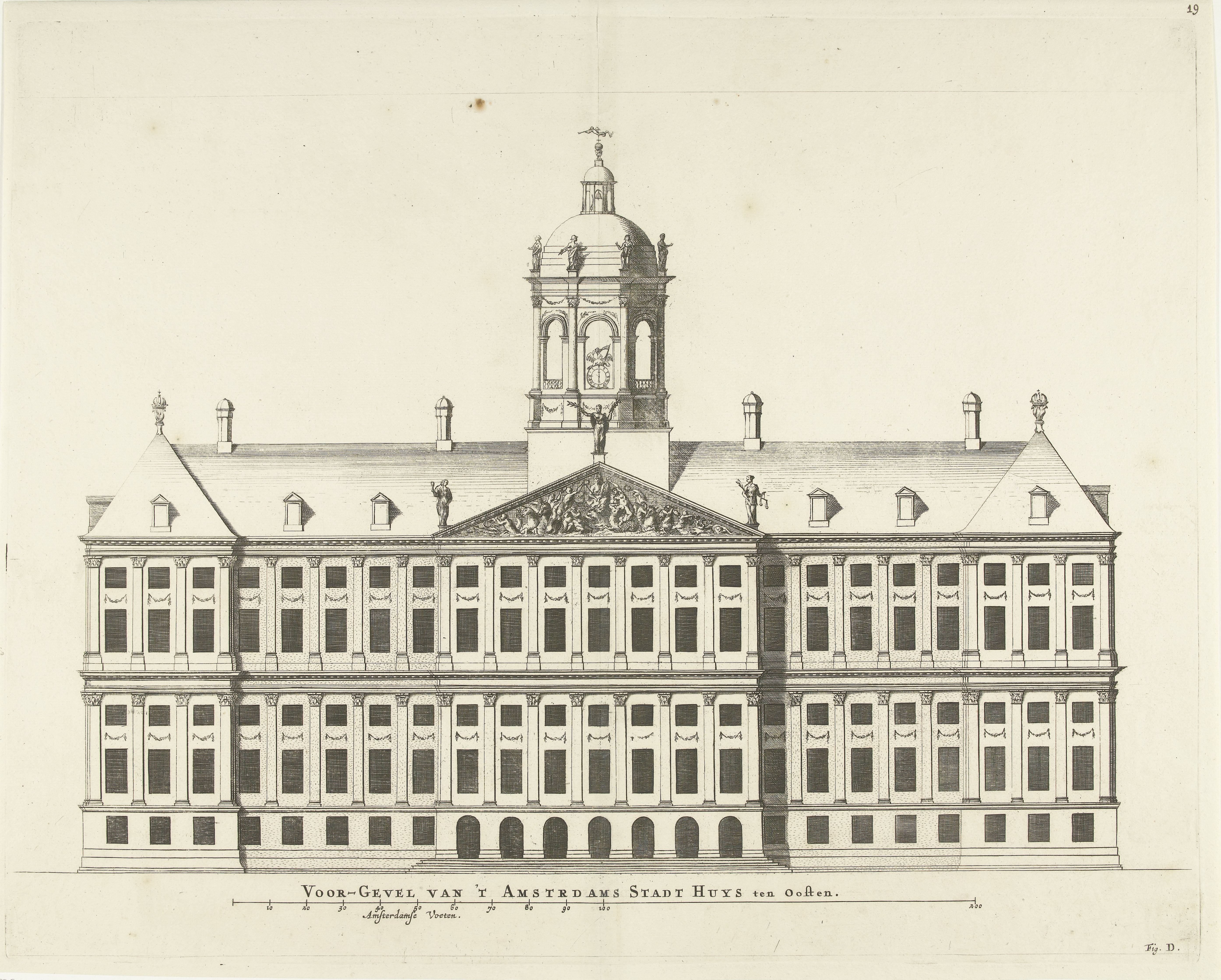 Voorgevel (oostzijde) van het Stadhuis op de Dam