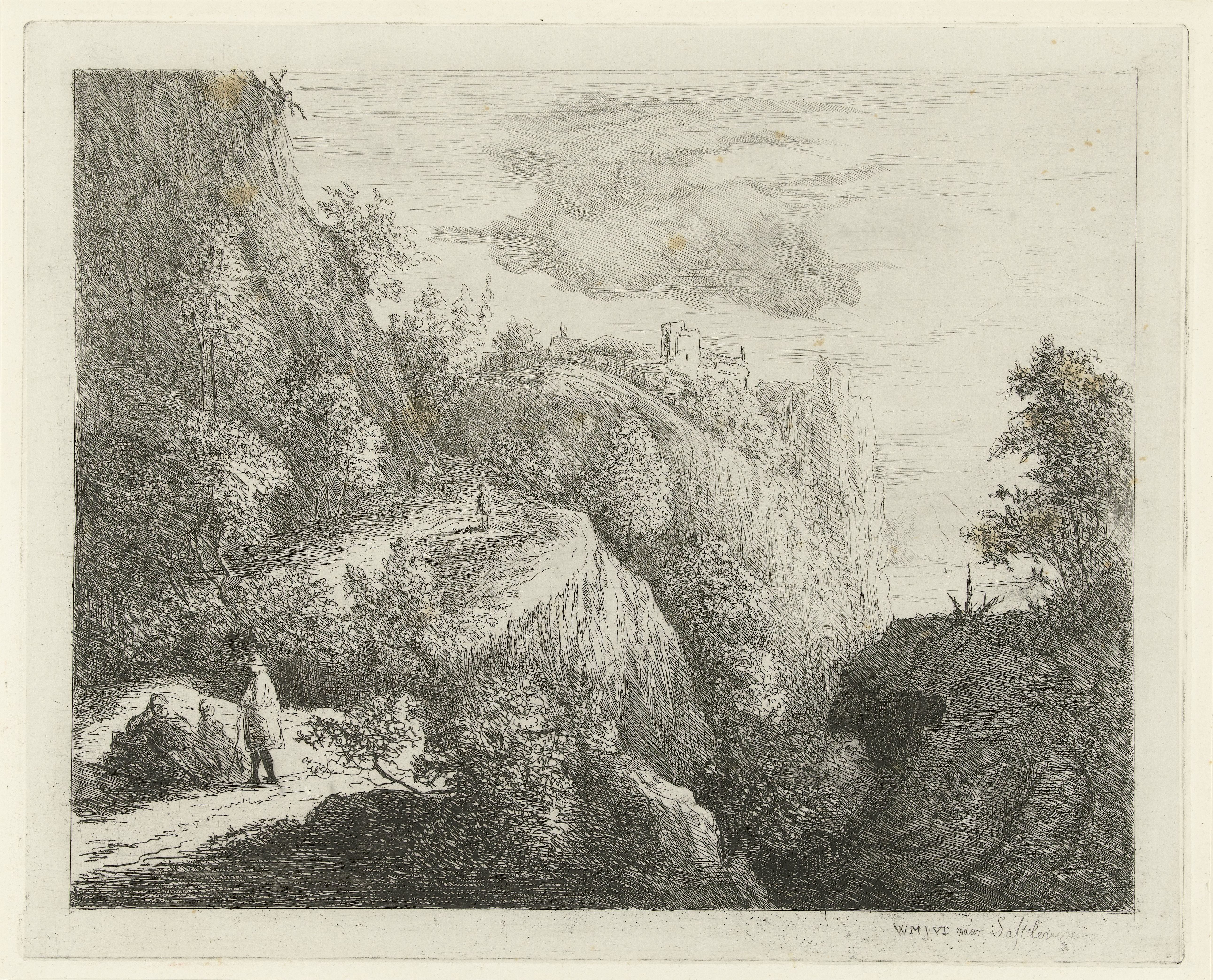 Berglandschap met rustende figuren aan kant van weg
