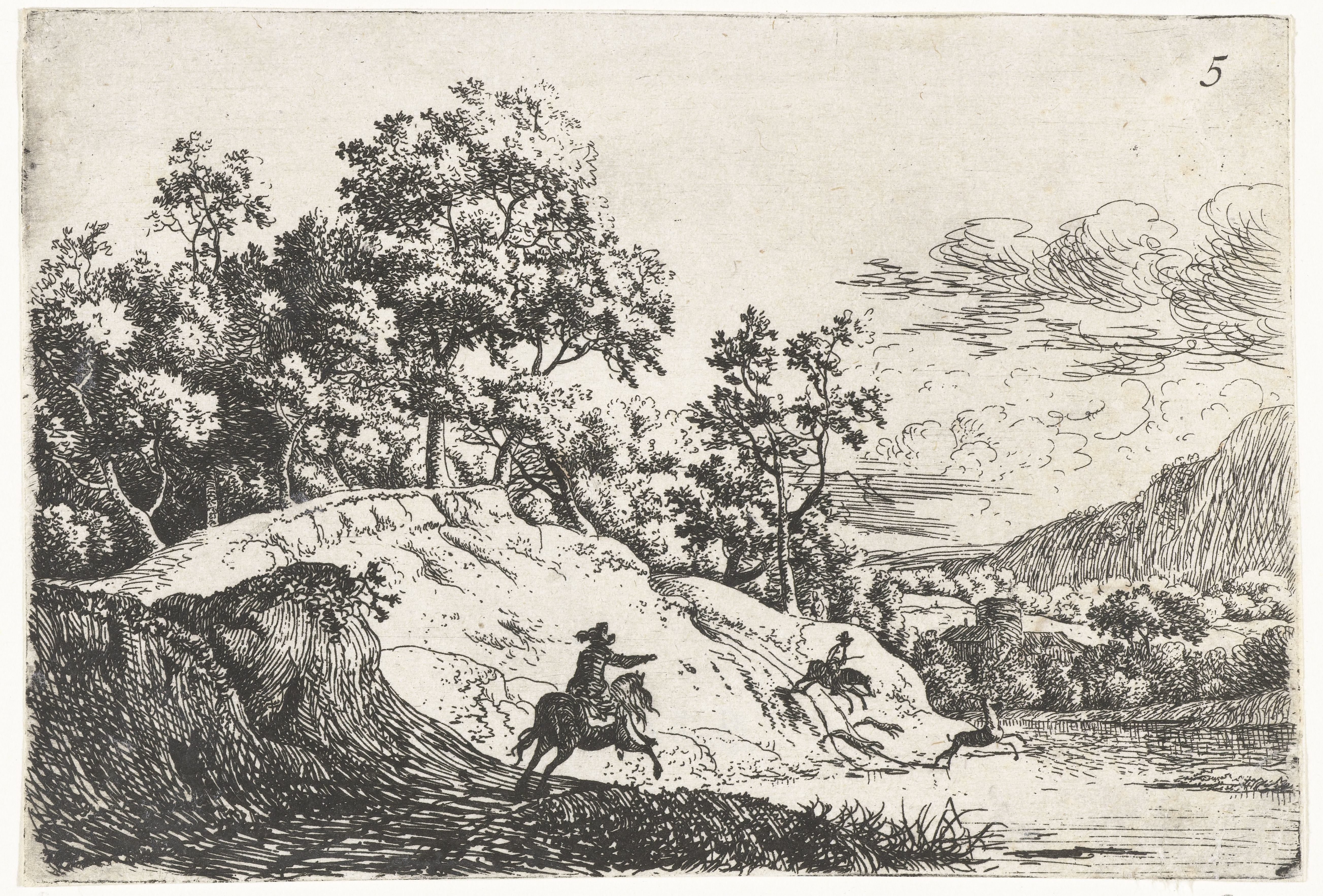 Heuvelachtig landschap met twee jagers