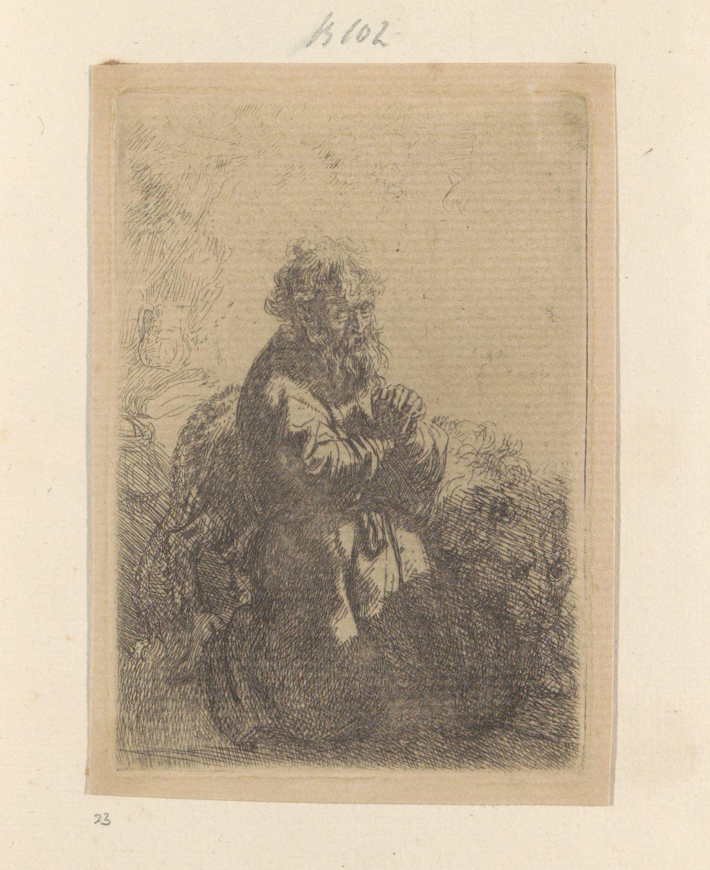 Hieronymus geknield in gebed, de blik naar beneden gericht
