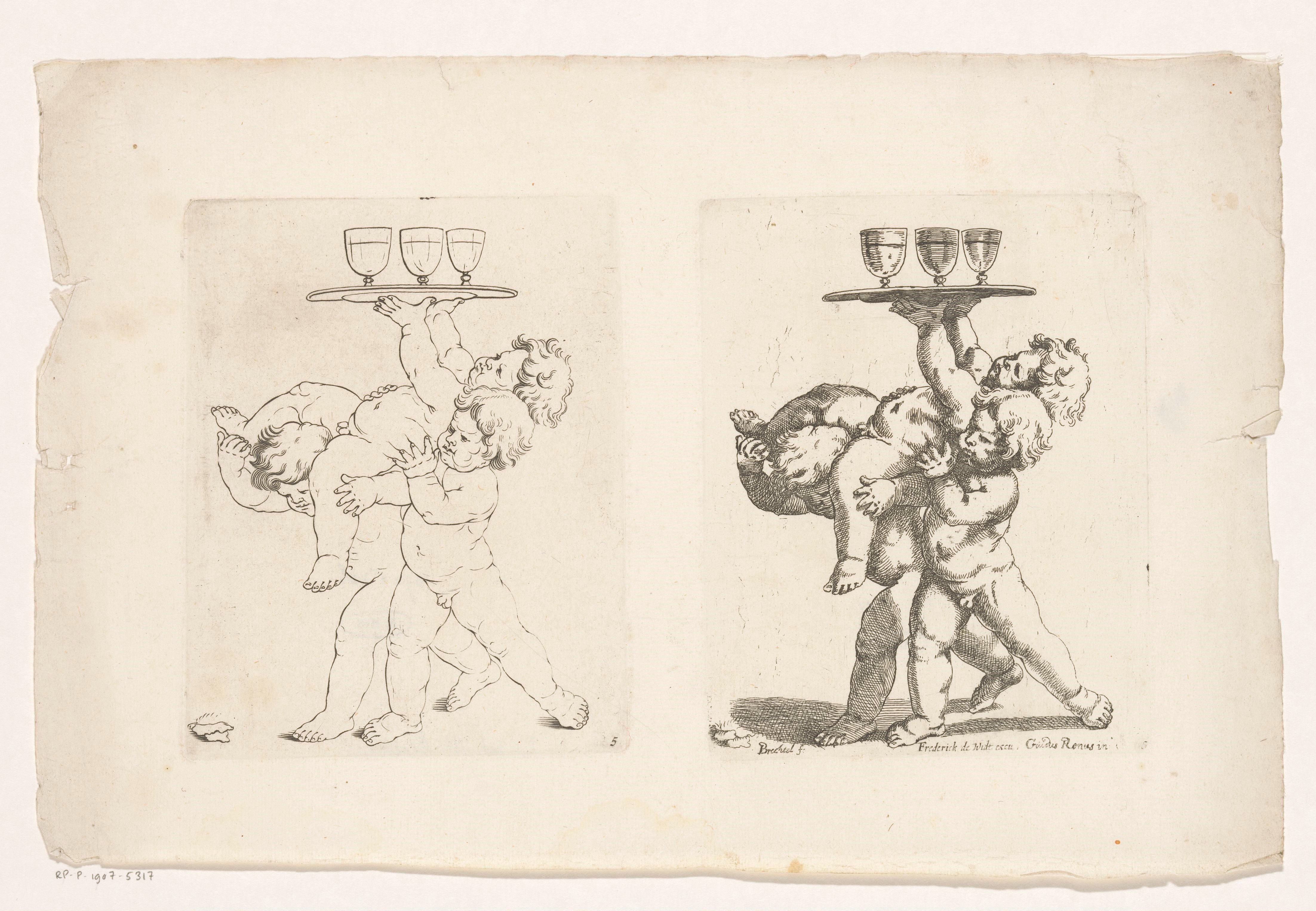 Twee putti dragen een putto met in zijn handen een dienblad met drie drinkbekers