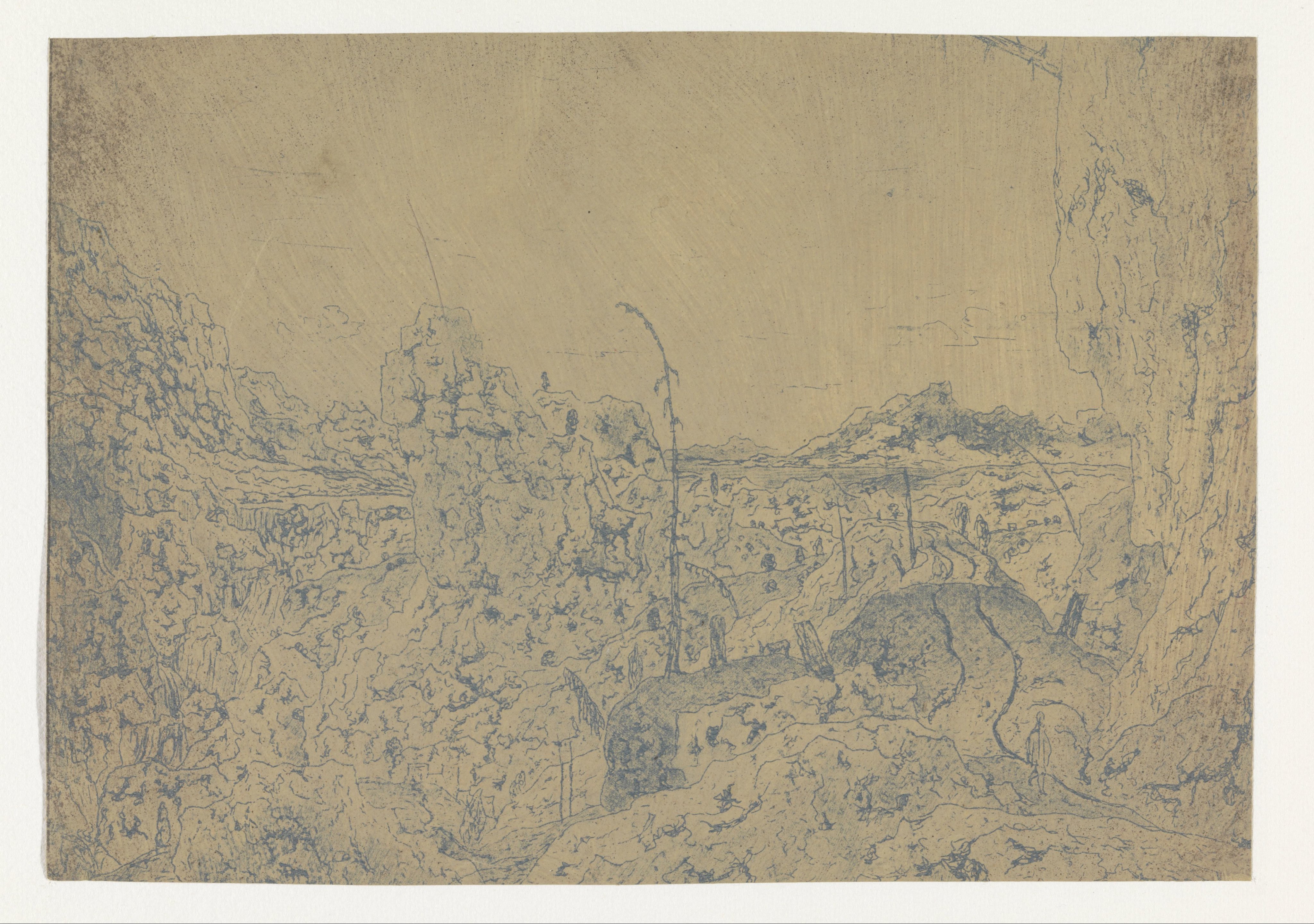 Rocky Landscape with a Man Walking to the Right, First Version