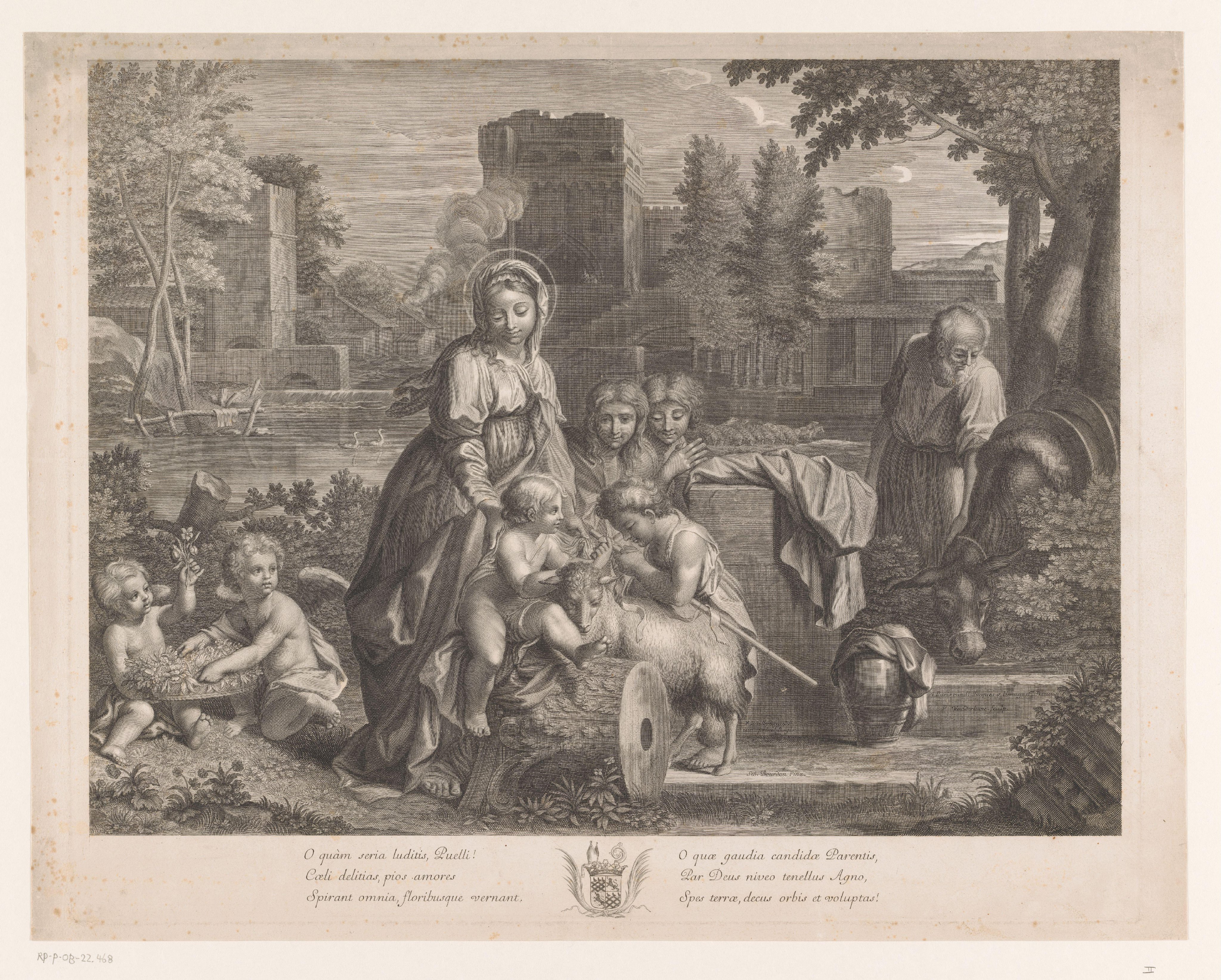 Heilige Familie met Johannes de Doper, een lam, andere kinderen en putti