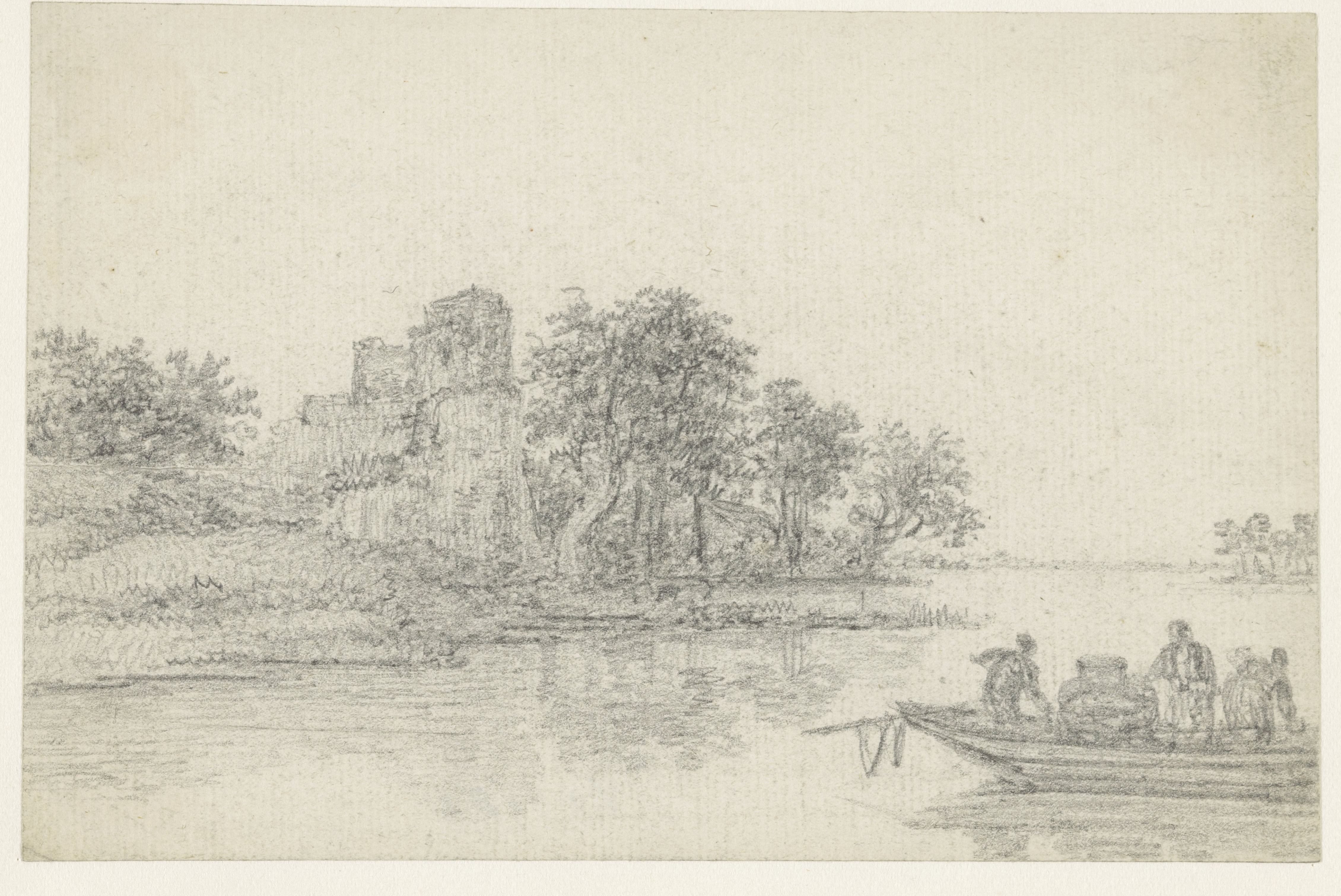 Veerpont van een rivier; links een ruïne