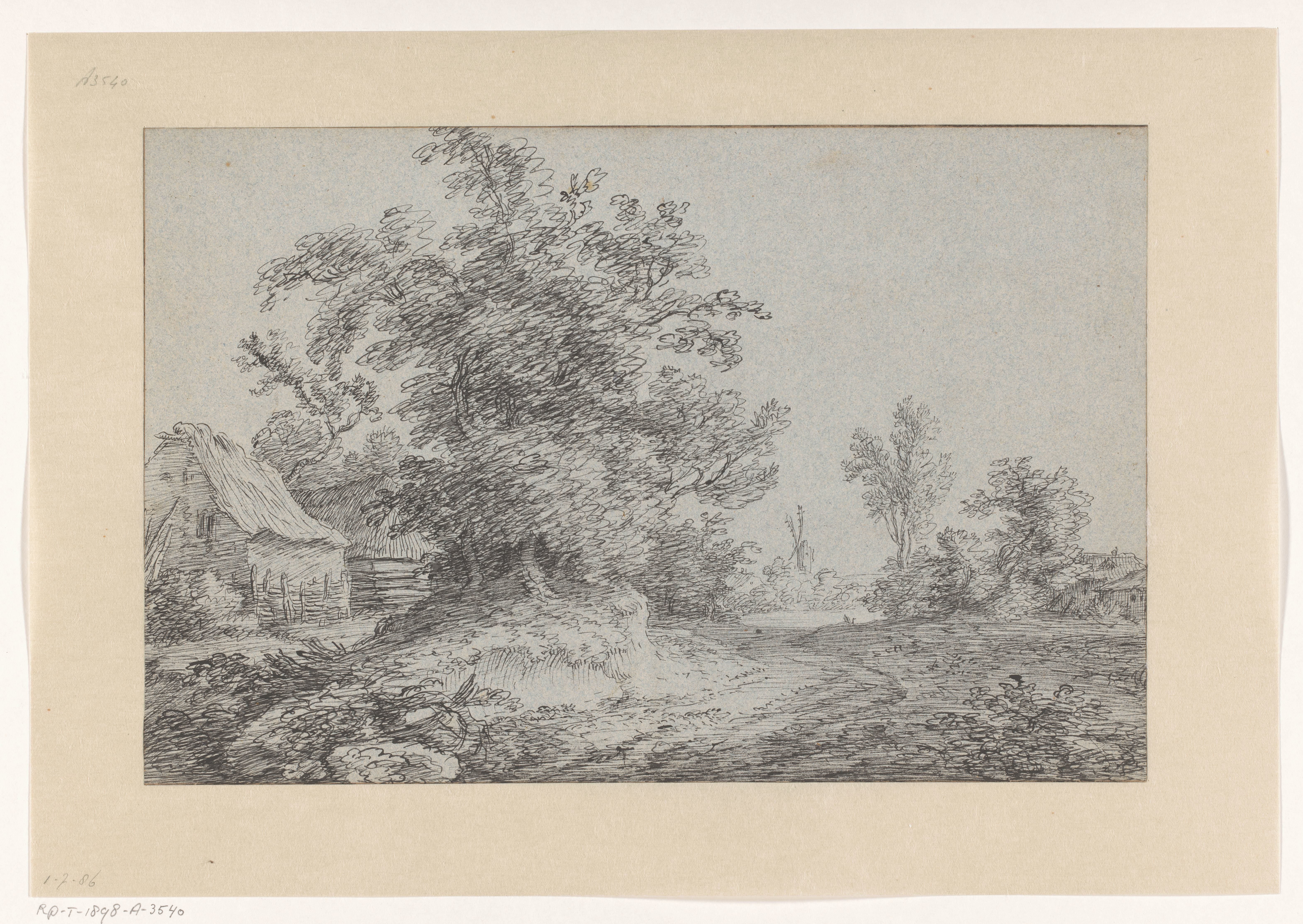 Landschap met bomen, huizen en een windmolen