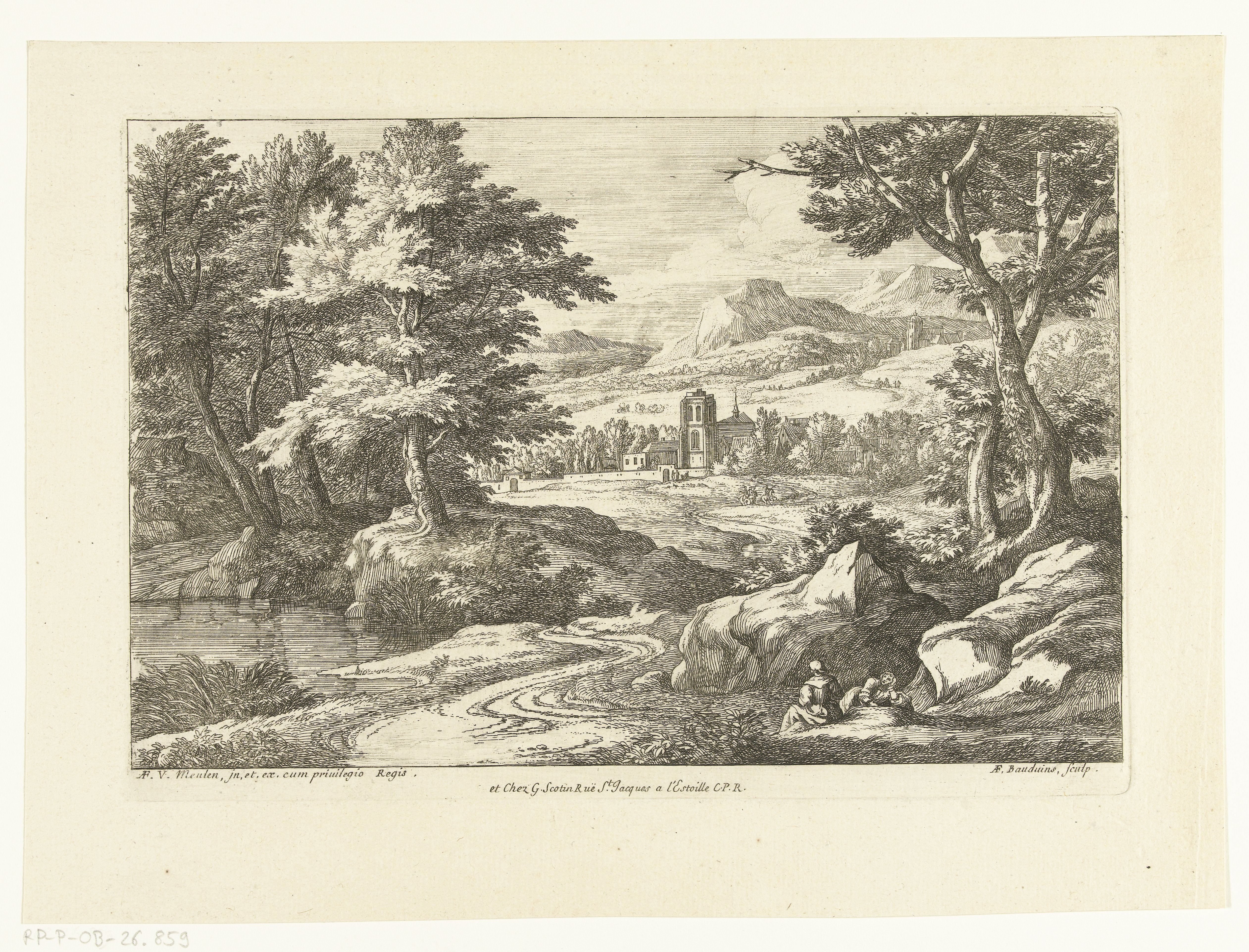 Landschap met twee figuren langs een weg, in de verte een kerk