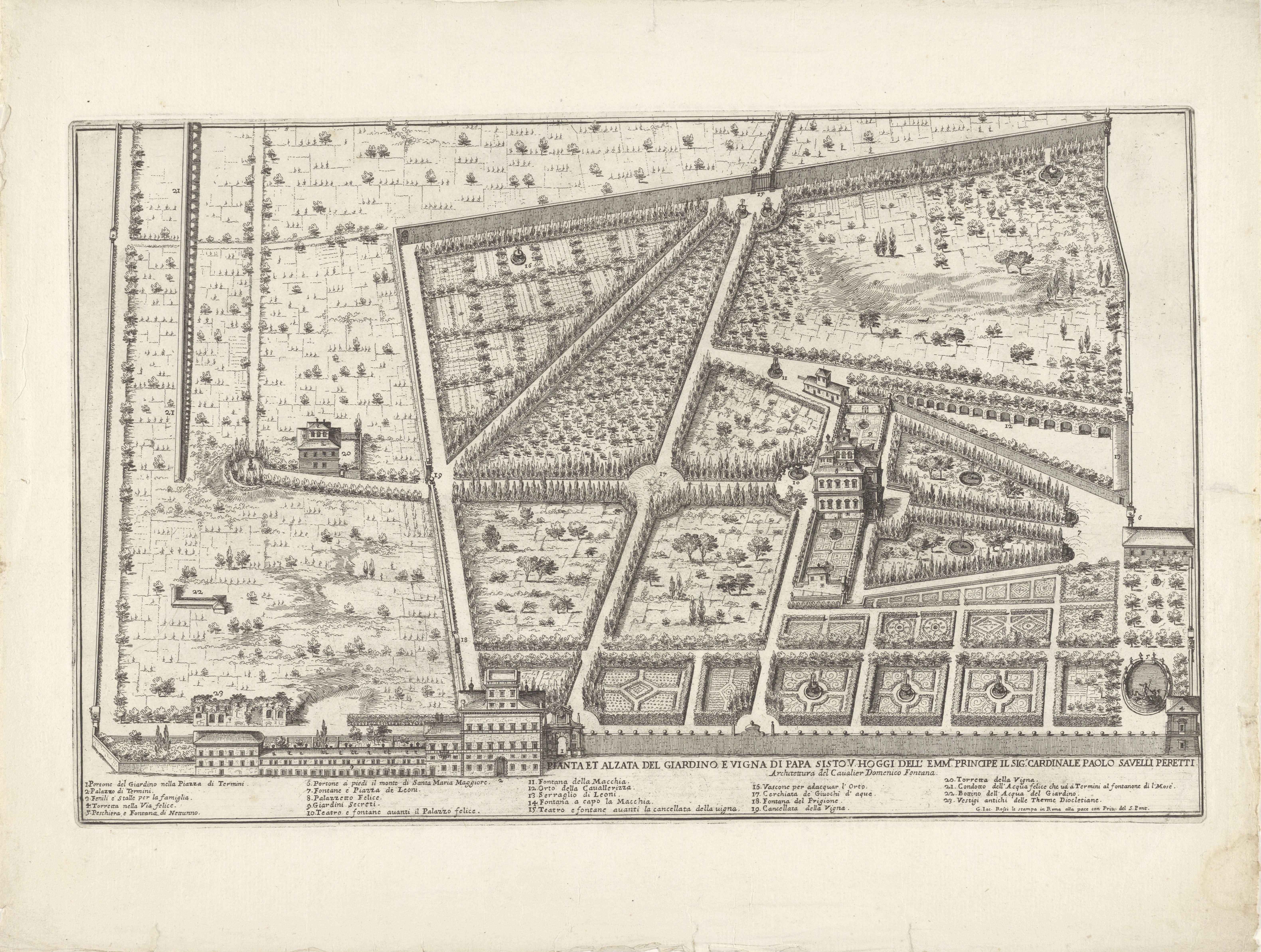 Plattegrond van de tuin en wijngaard van paus Sixtus V en de tuin van kardinaal Paolo Savelli