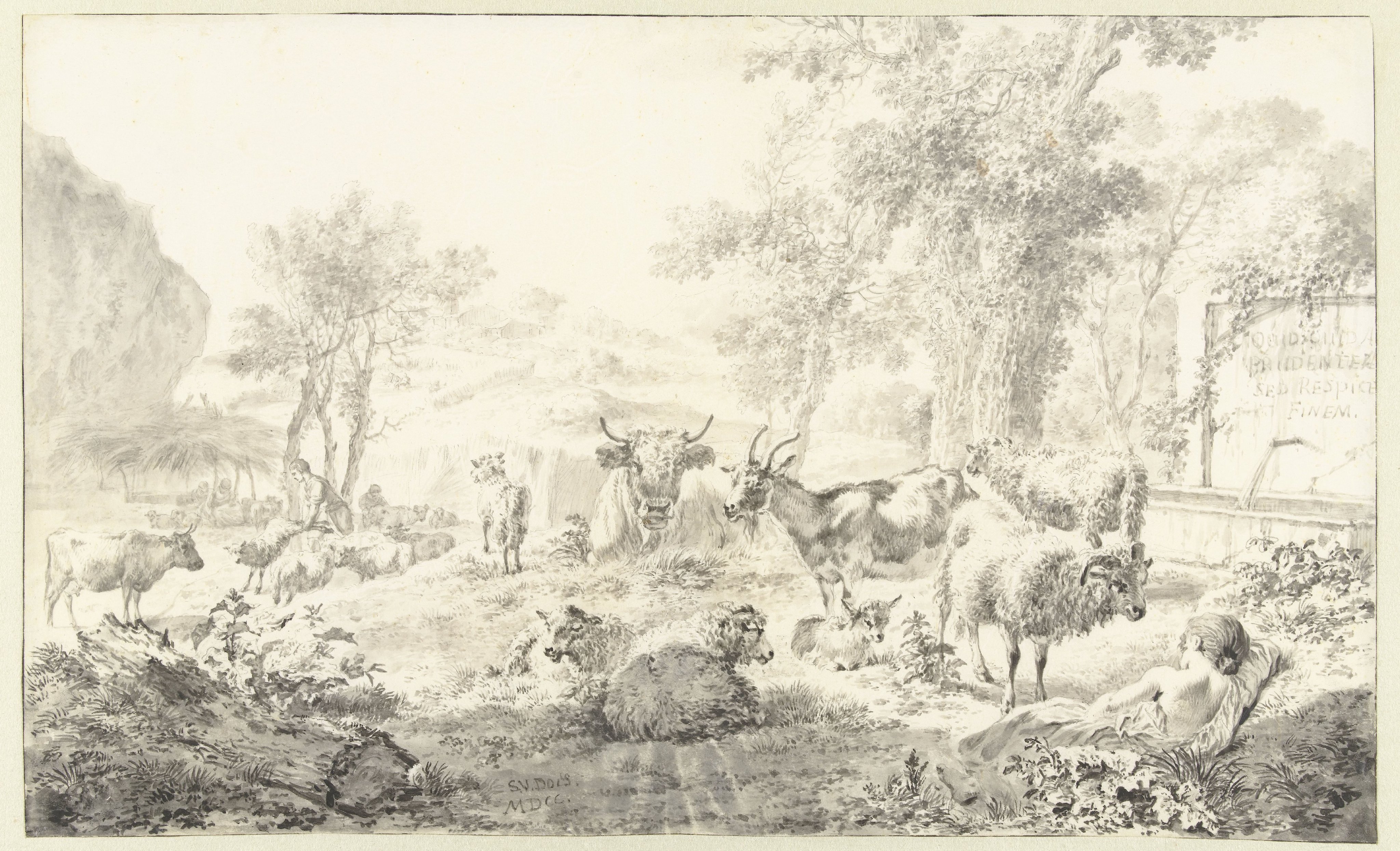 Reclining Shepherdess with a Flock of Sheep and Goats