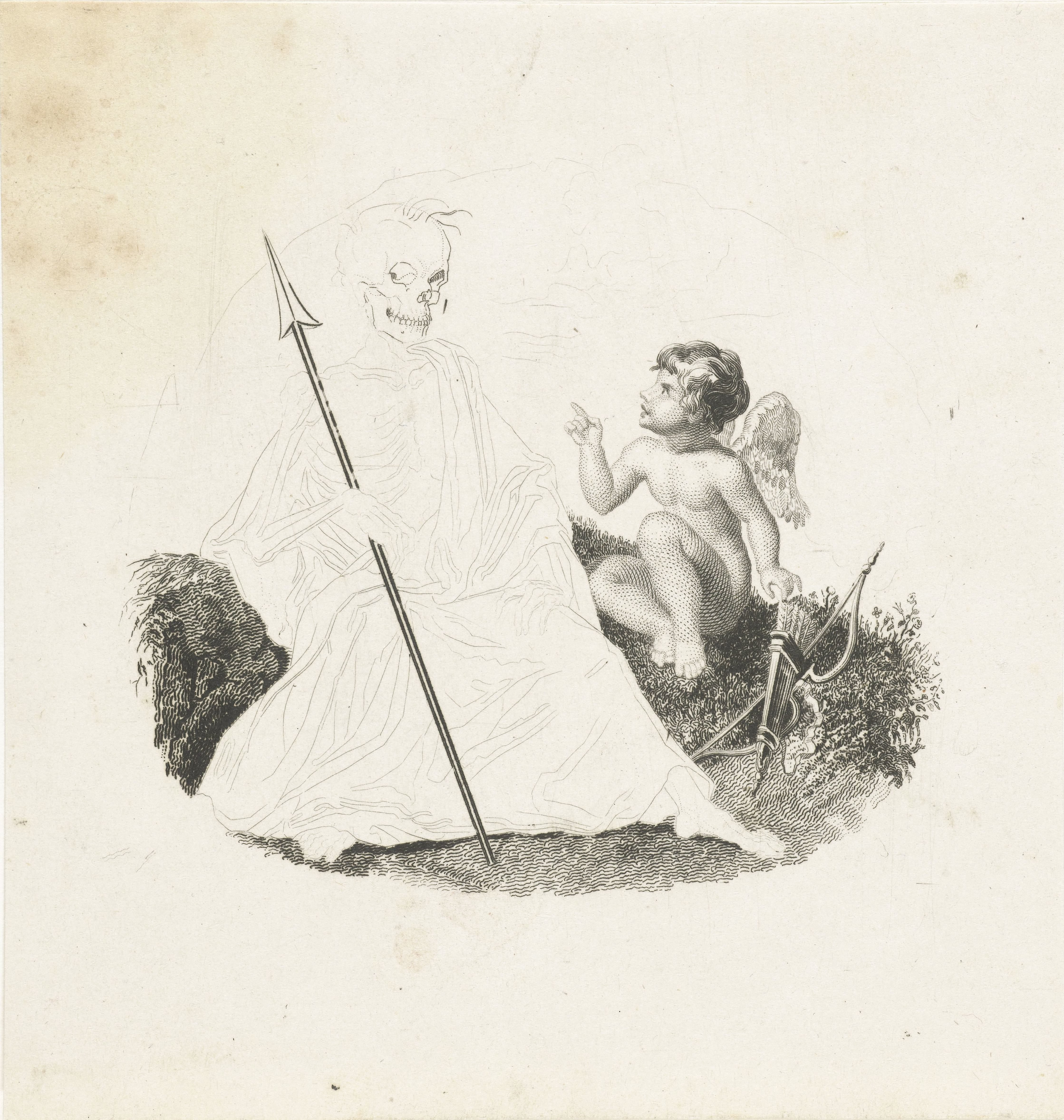 Amor en de Dood, als geraamte met speer