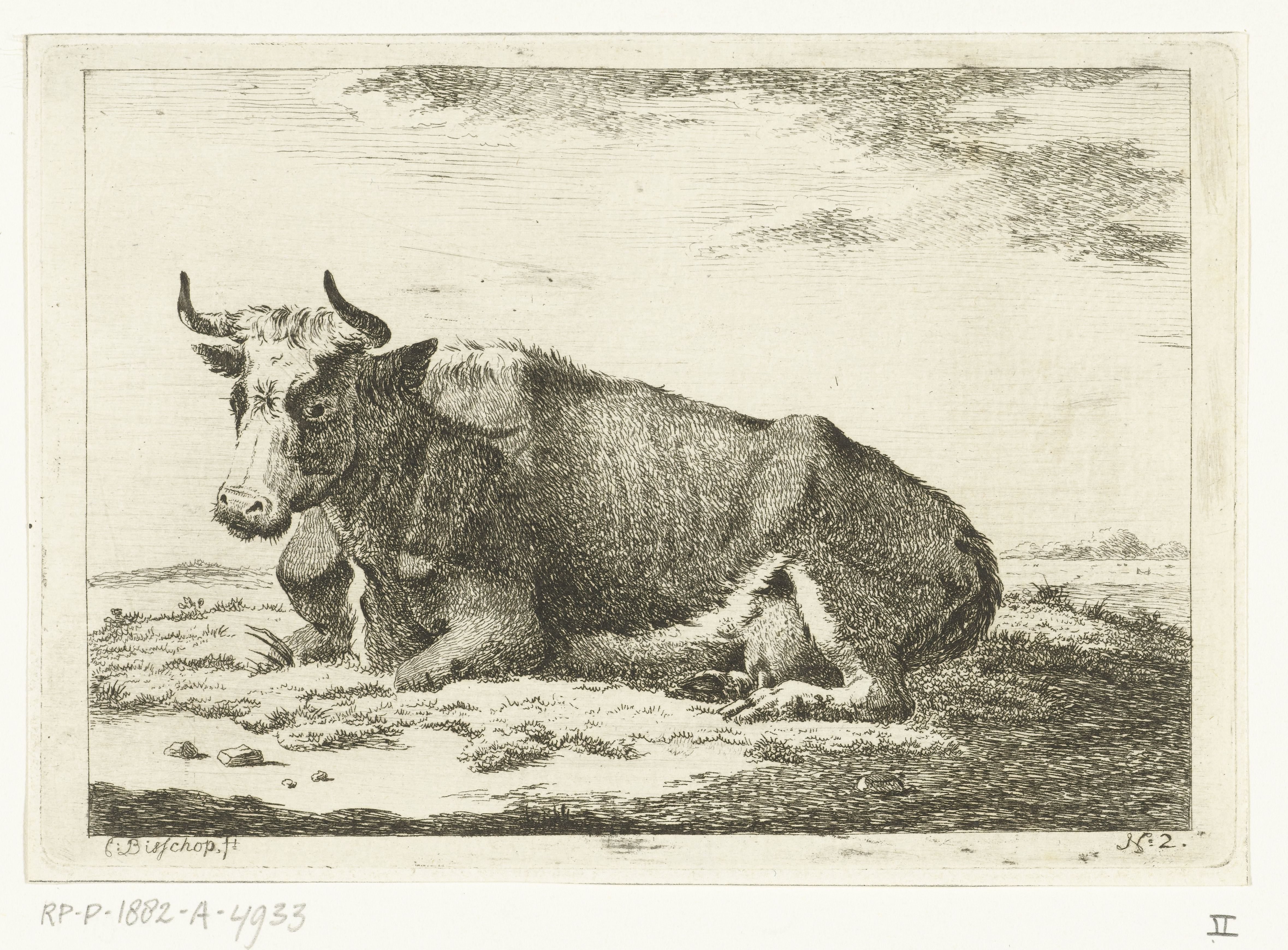 Landschap met liggende koe met horens