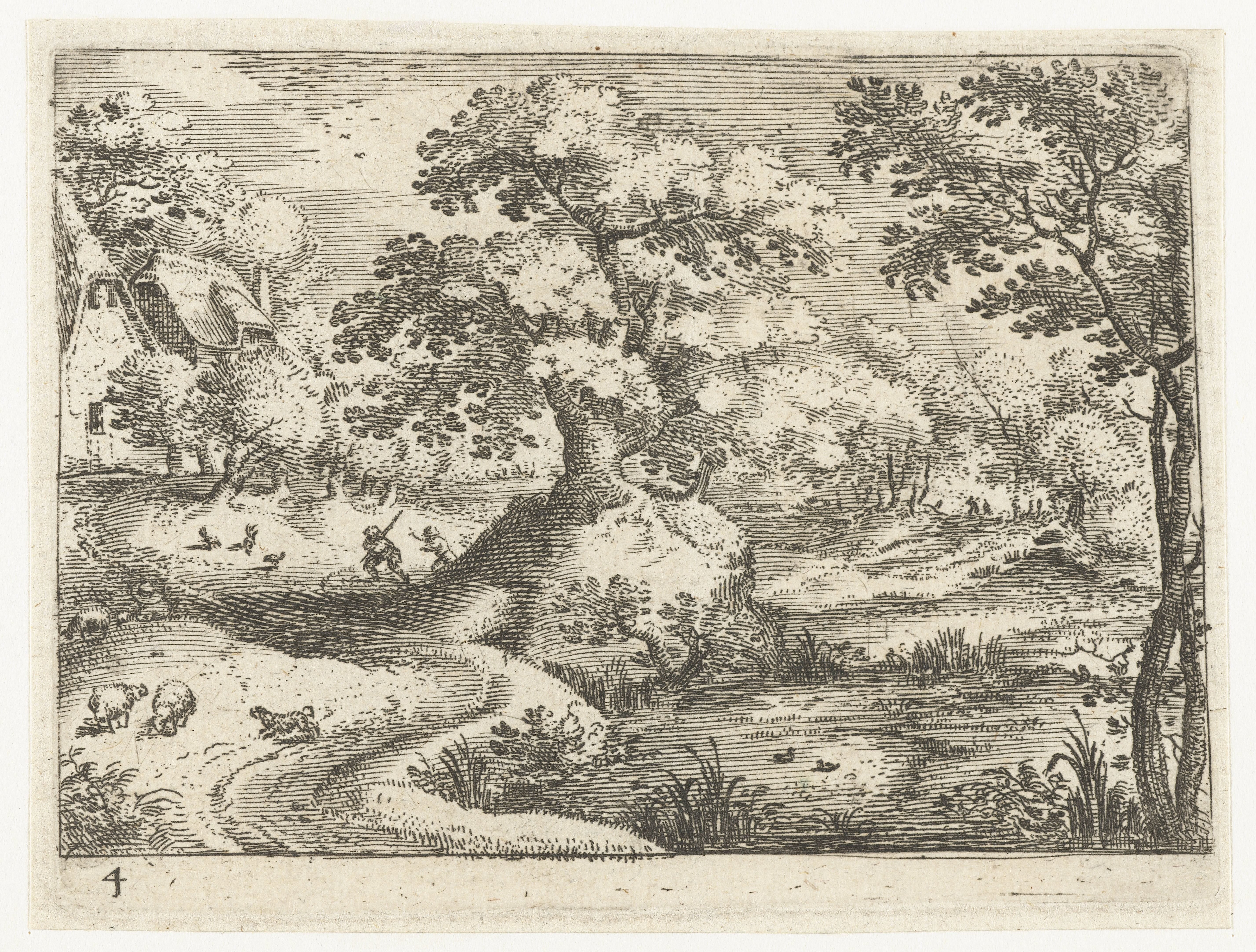 Landschap met reizigers nabij huizen