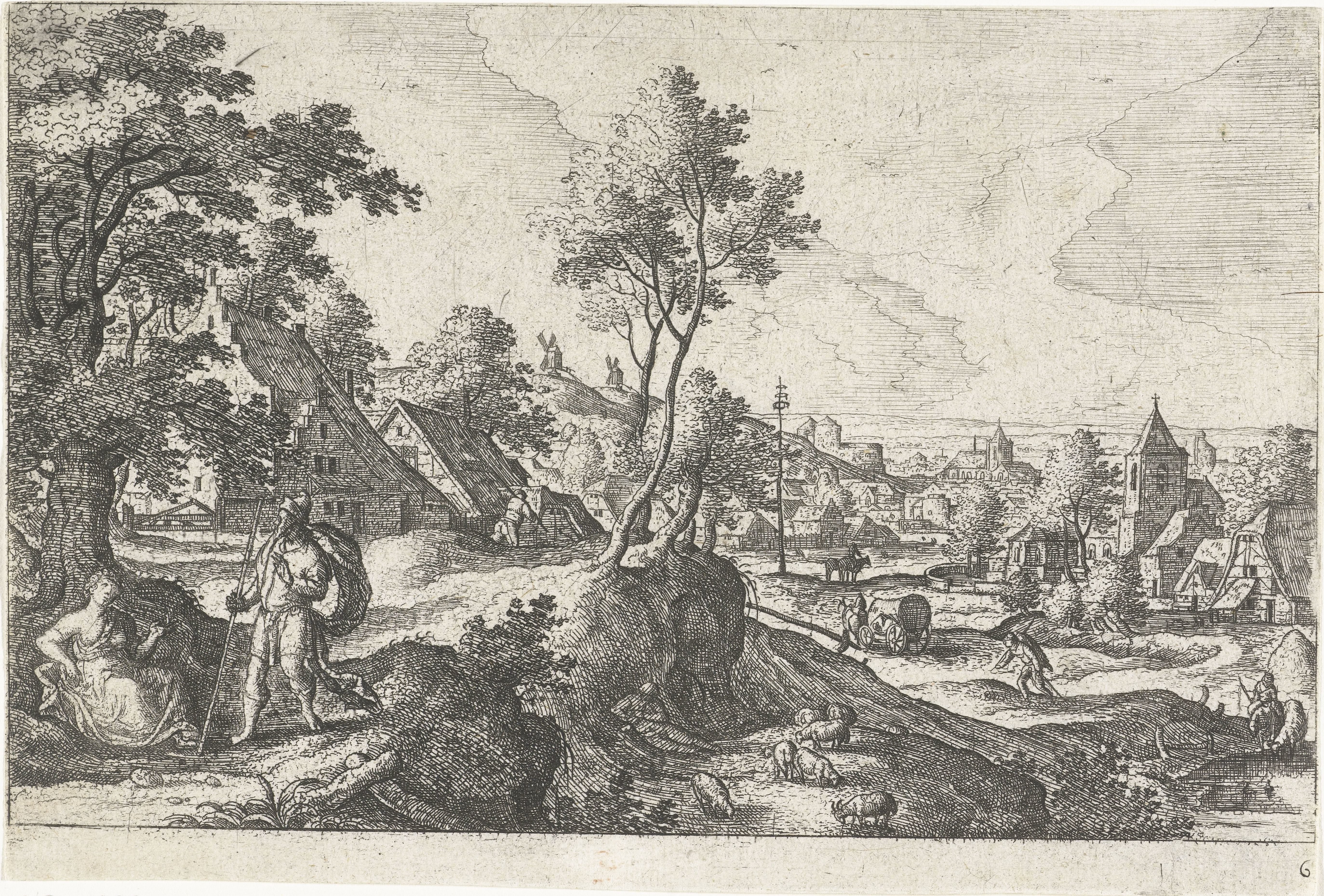 Landschap met reiziger en rustende vrouw