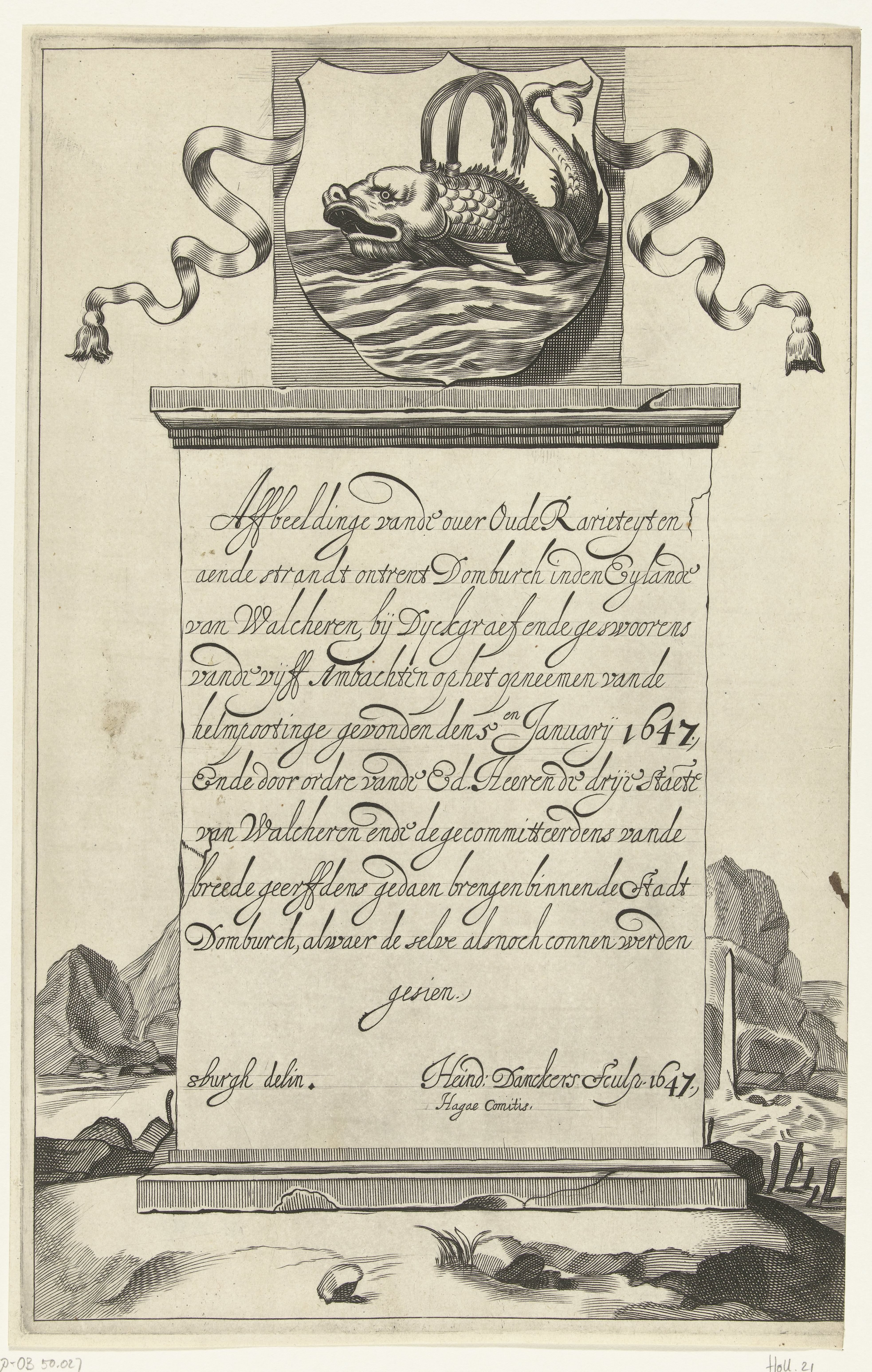 Titelprent voor de serie oudheden gevonden op het strand van Walcheren in 1647