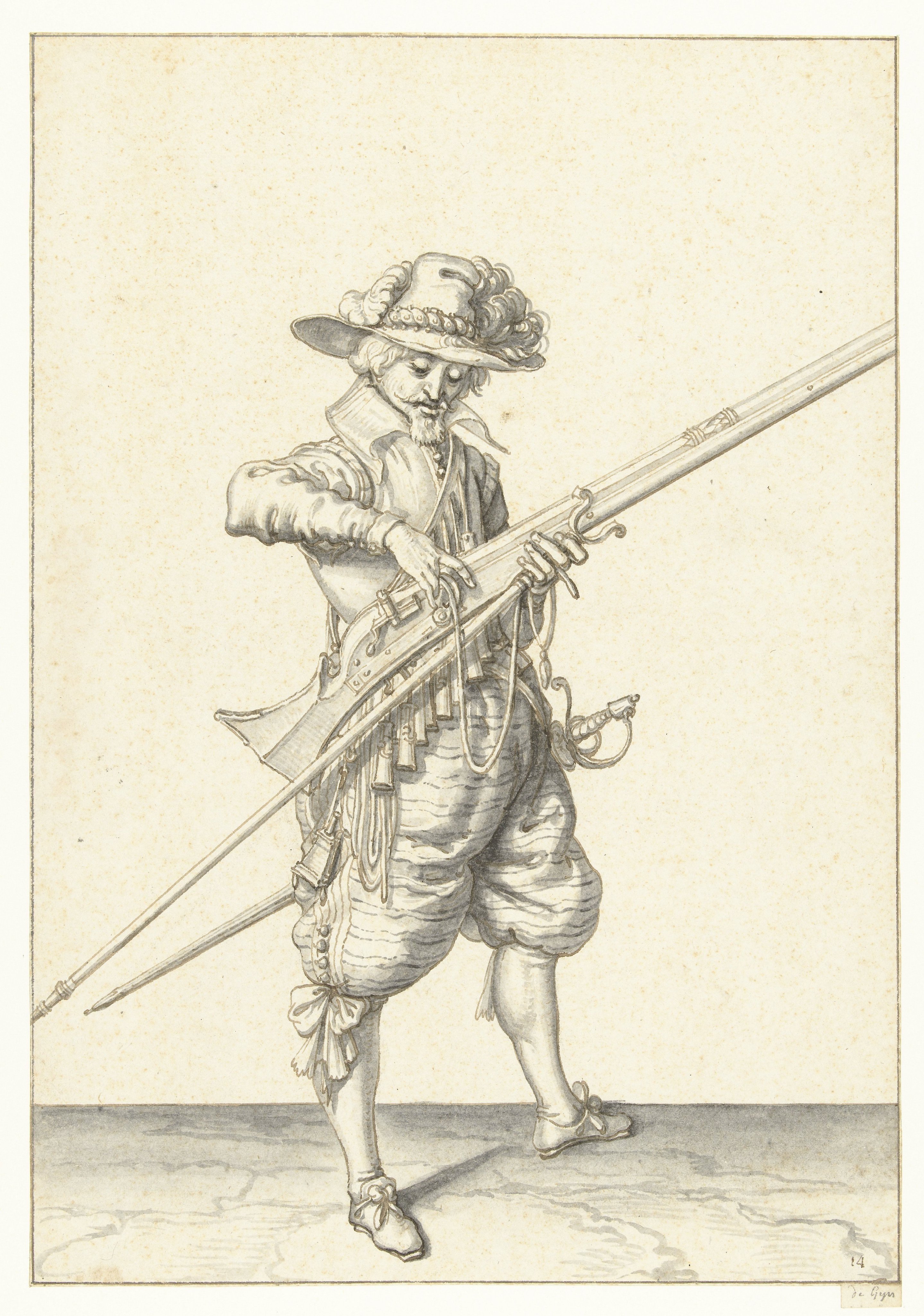 Soldaat die zijn lont van de haan van zijn musket losmaakt