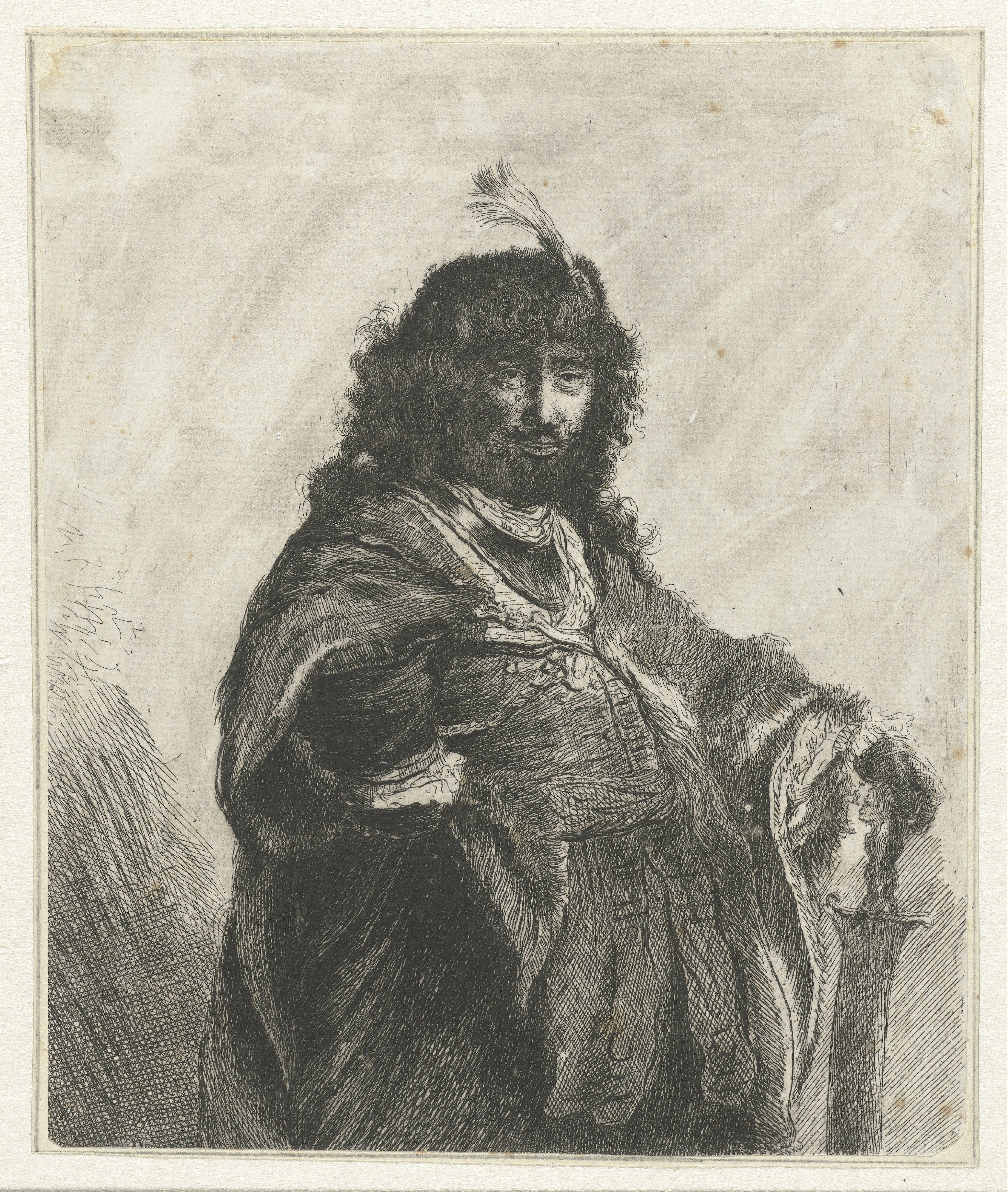 Self-portrait (?) with plumed cap and lowered sabre
