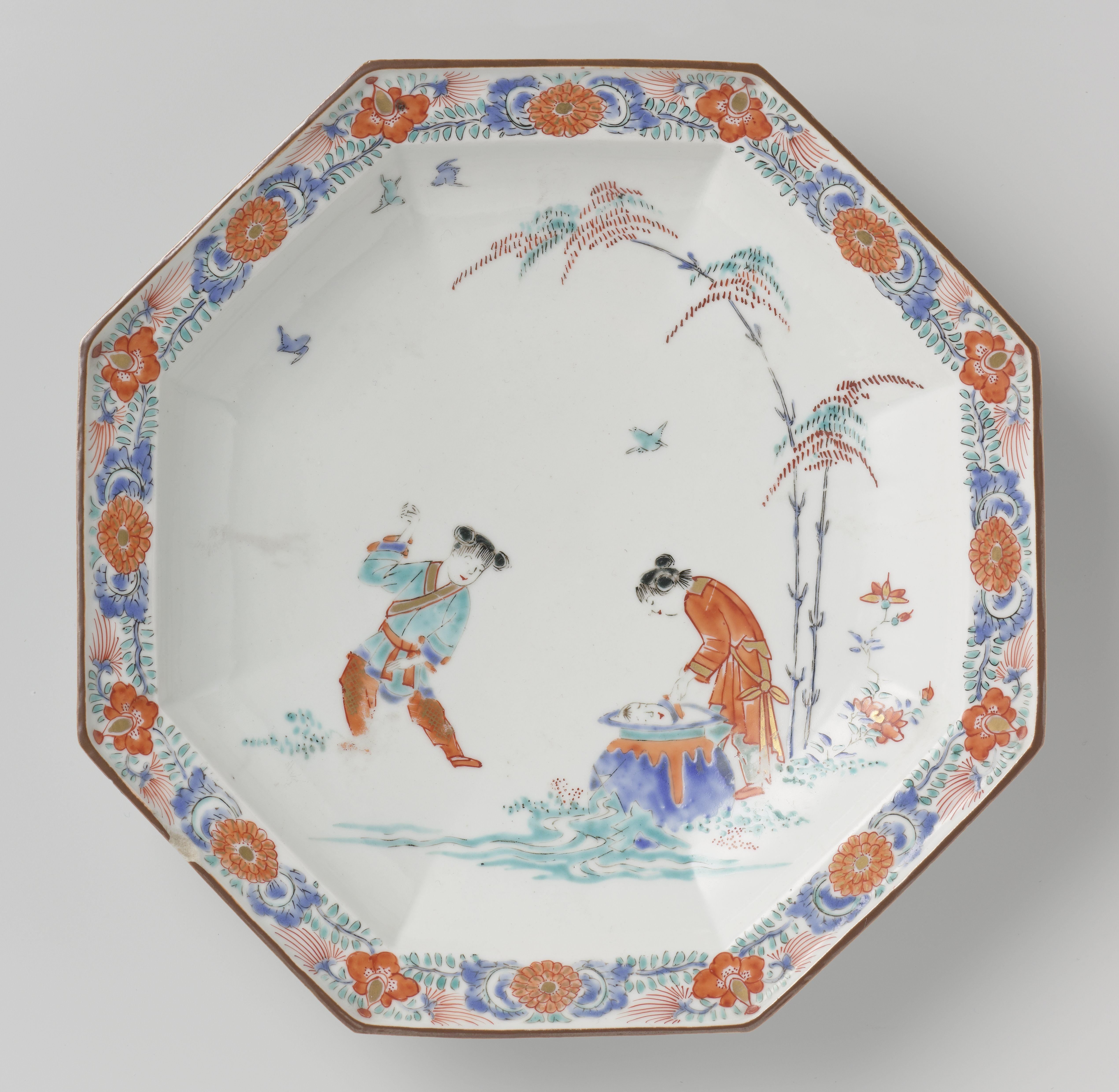 Octagonal plate with an image of Shiba Onko and floral scrolls