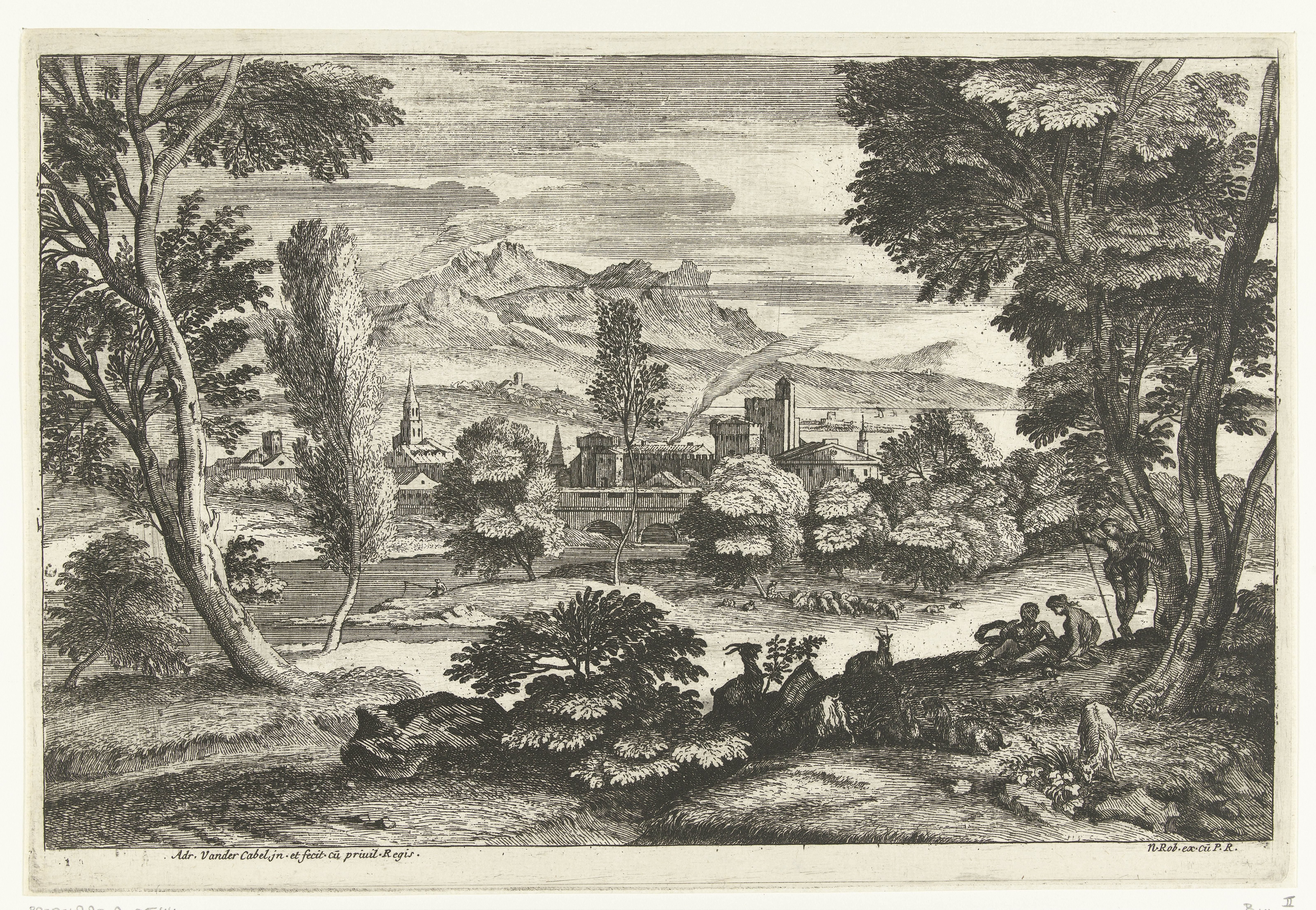 Landschap met drie personen bij een kudde geiten